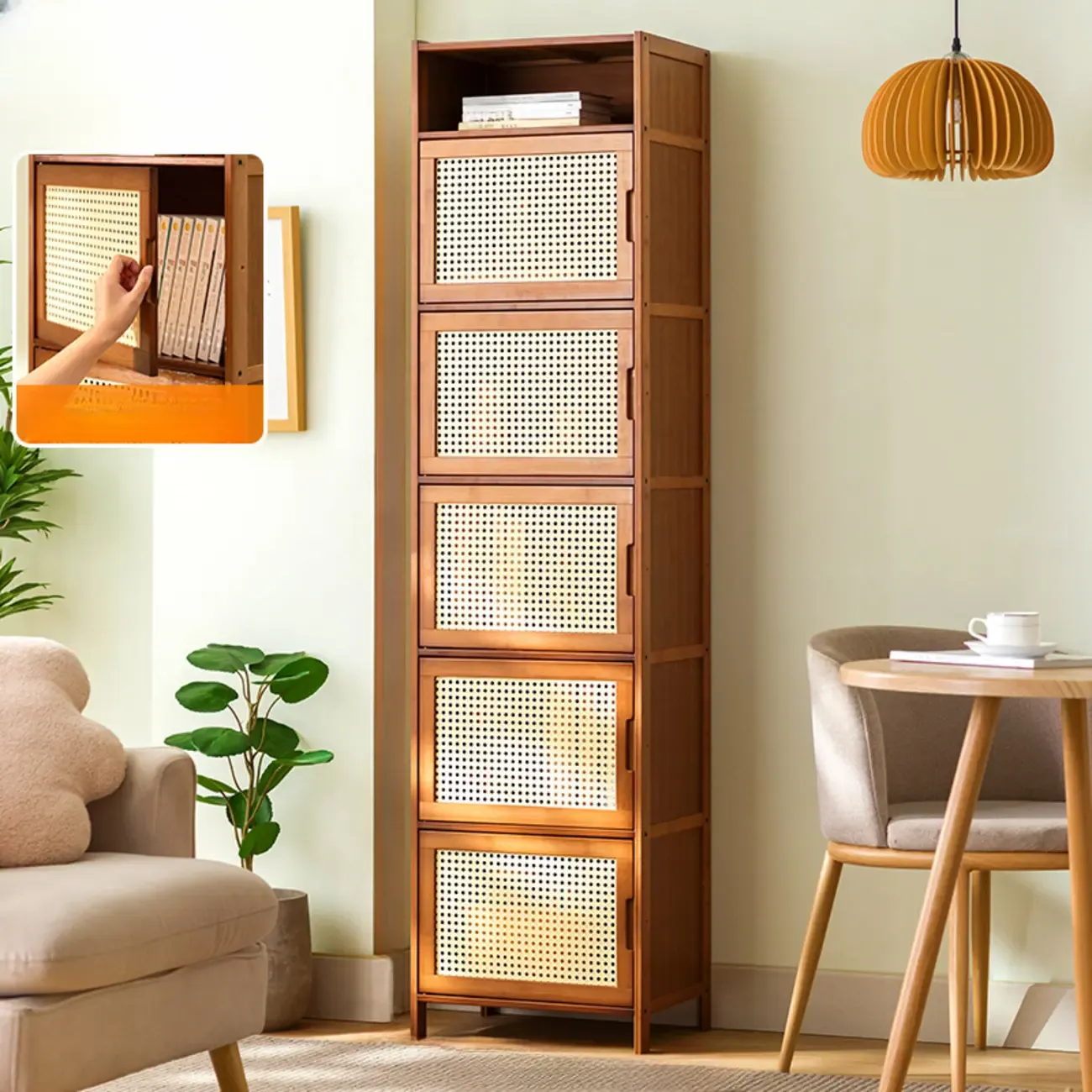 Wooden Bamboo Brown Storage Cabinets with Squared Legs Image - 2