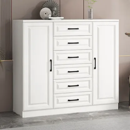 Freestanding White Wooden Cabinet with Drawers & Doors Image - 7