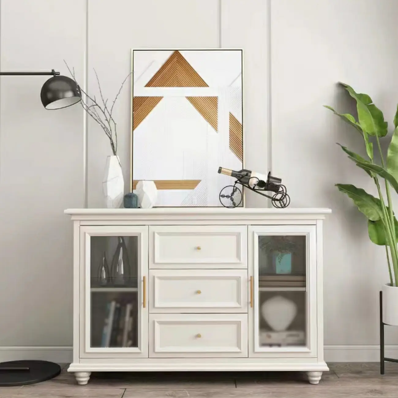 White Wooden Sideboard with 3 Drawers and Cabinets Image - 1 | homeyfad