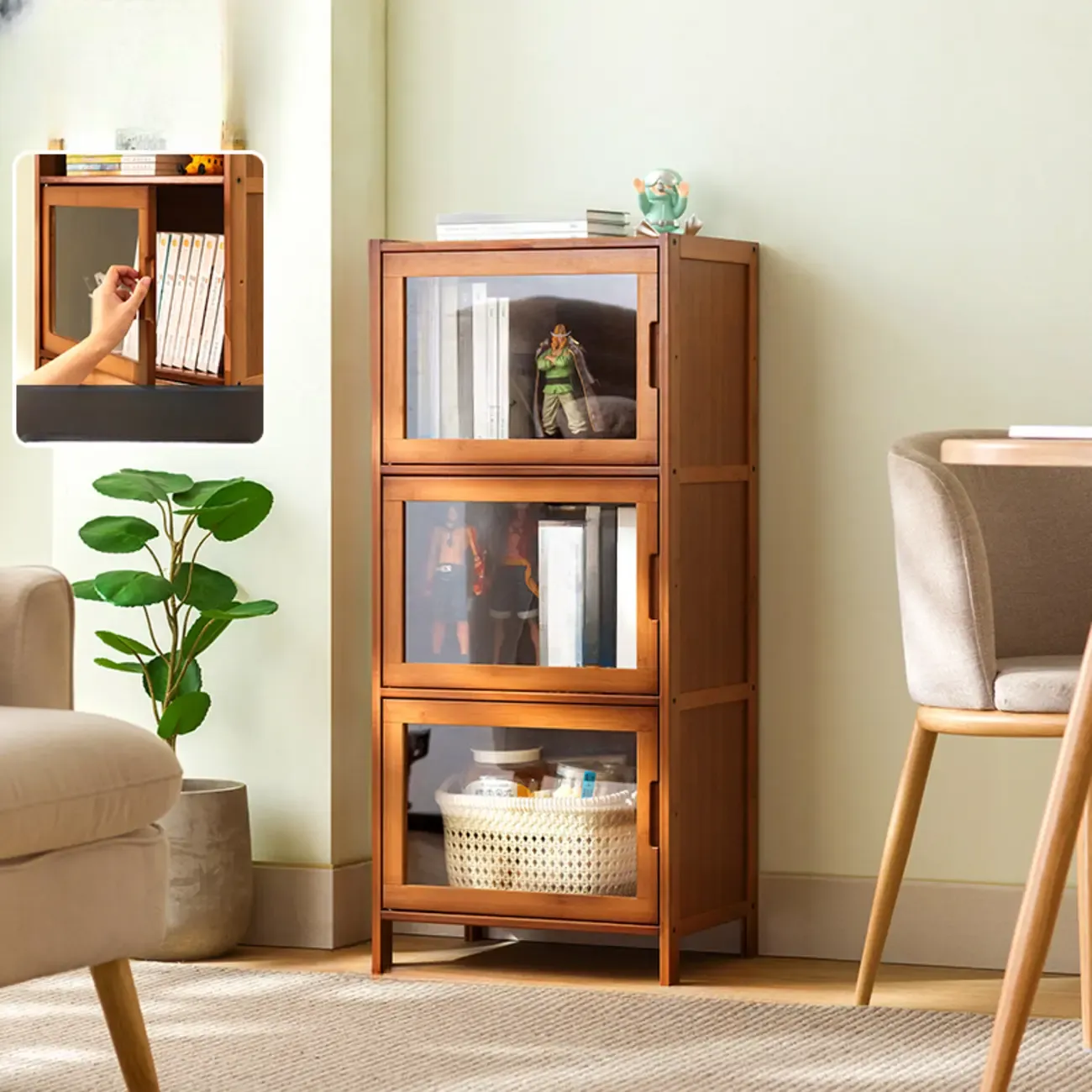 Wooden Bamboo Brown Storage Cabinets with Squared Legs Image - 4