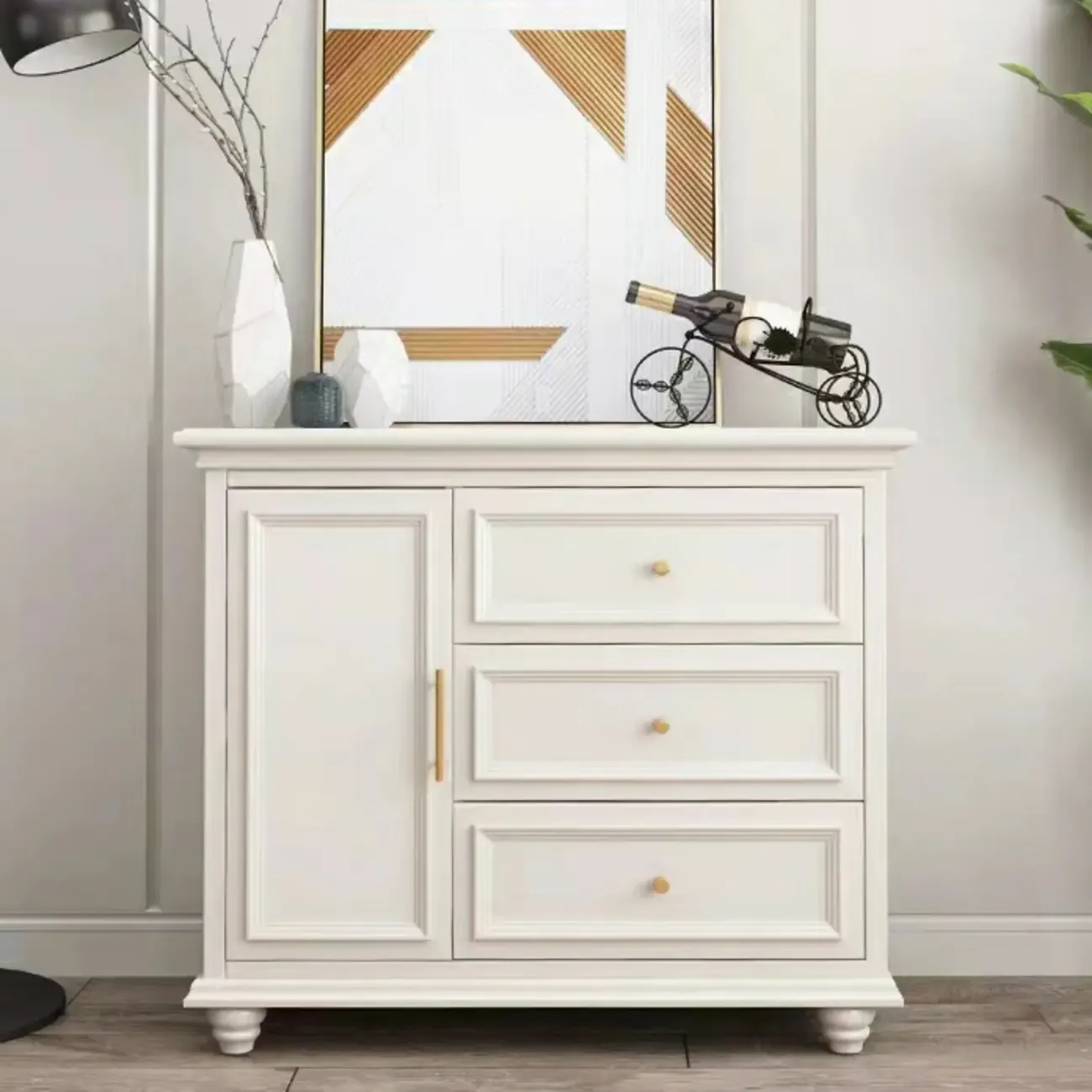 White Wooden Sideboard with 3 Drawers and Cabinets Image - 2