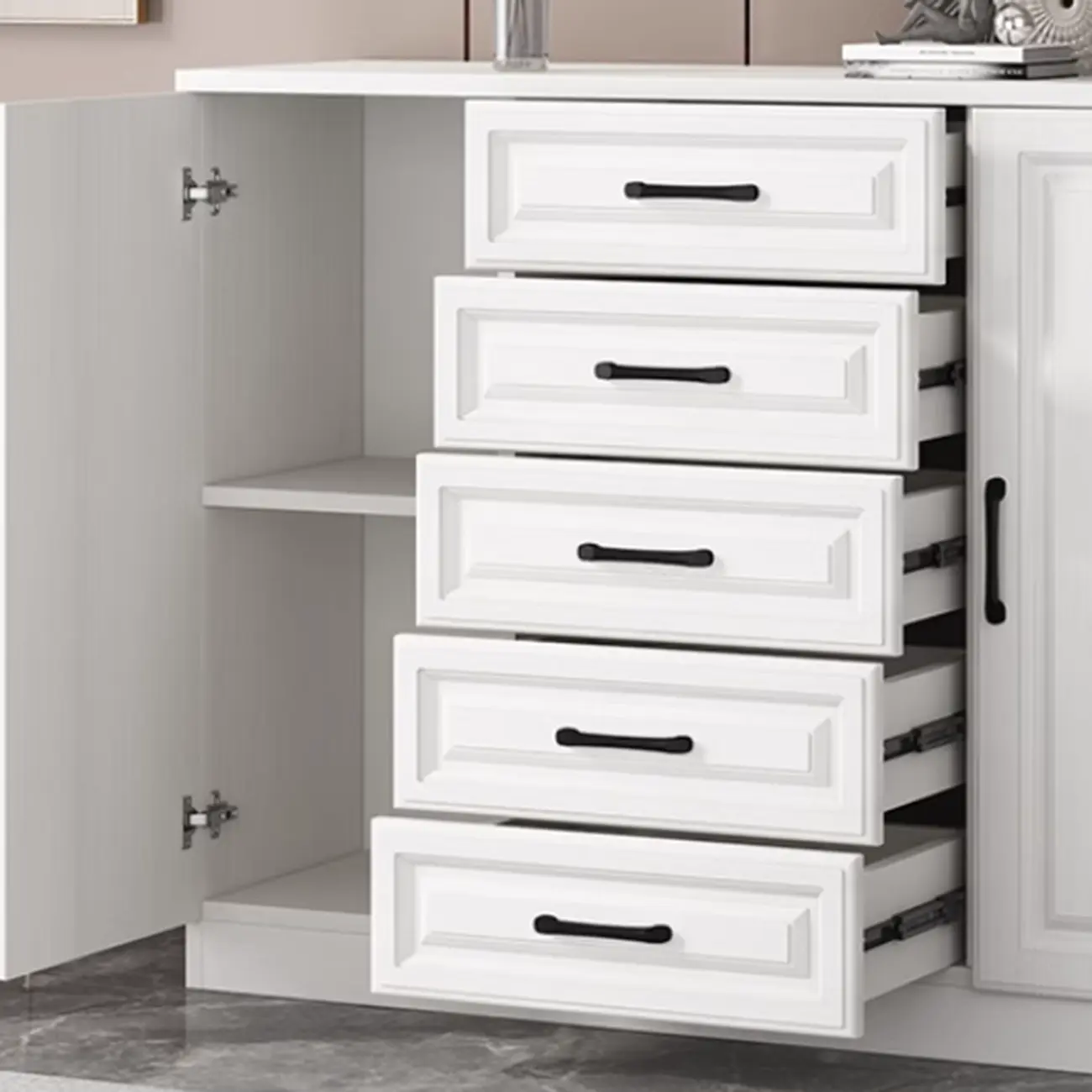 Freestanding White Wooden Cabinet with Drawers & Doors Image - 9 | homeyfad