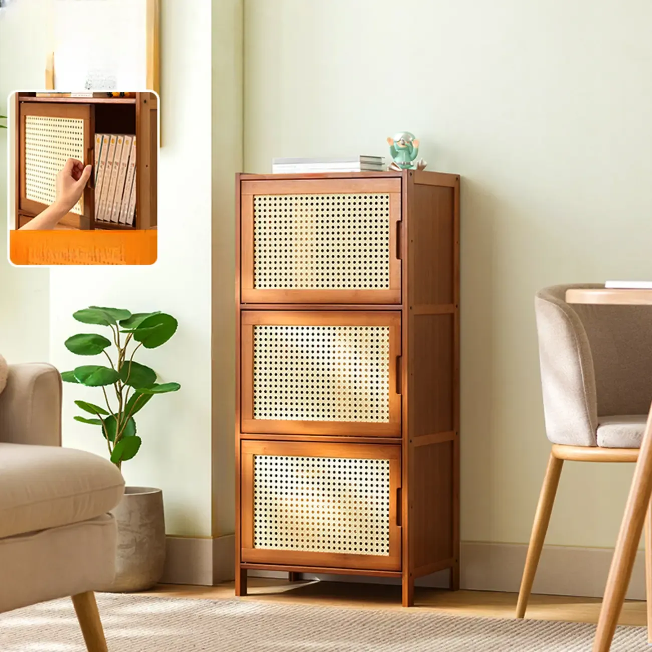 Wooden Bamboo Brown Storage Cabinets with Squared Legs Image - 5