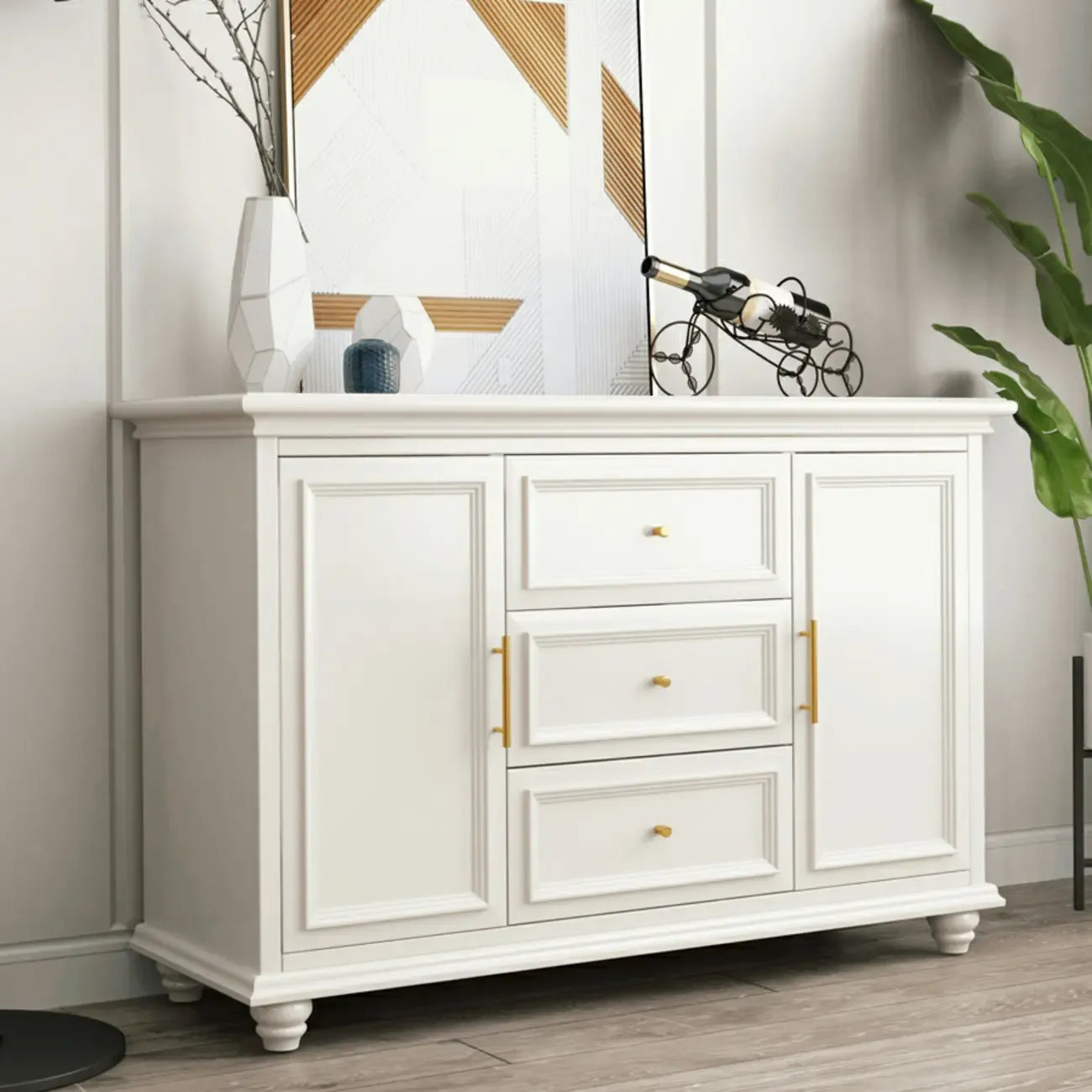 White Wooden Sideboard with 3 Drawers and Cabinets Image - 3