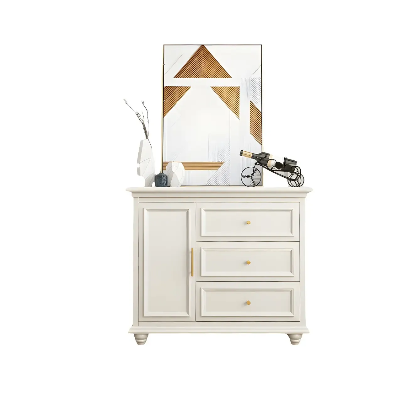 White Wooden Sideboard with 3 Drawers and Cabinets Image - 4