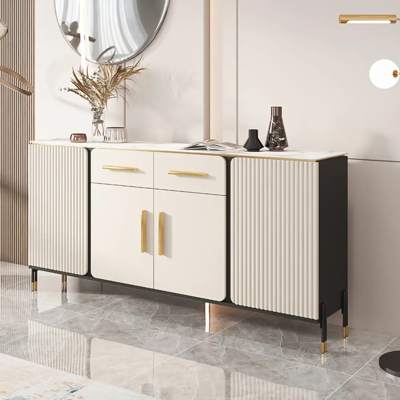 Glam White Sideboard with Stone Top and Drawers Image - 1