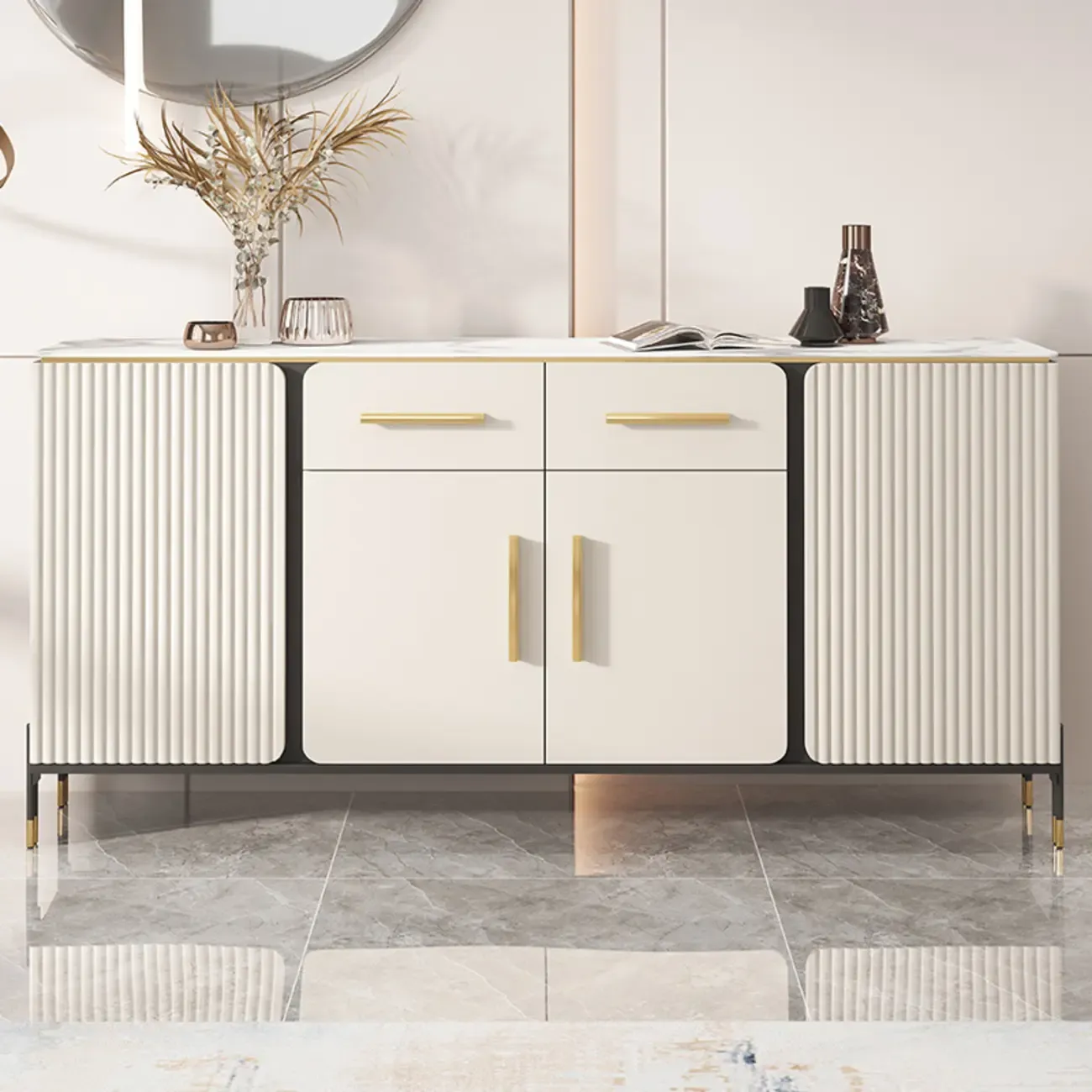 Glam White Sideboard with Stone Top and Drawers Image - 2