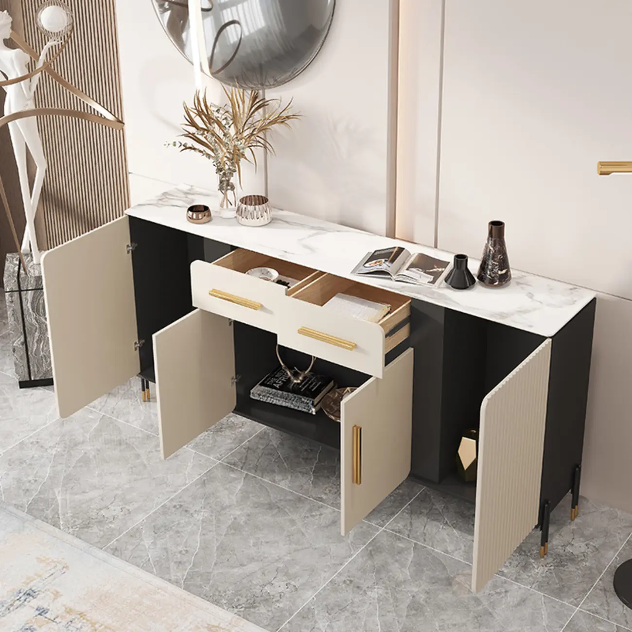 Glam White Sideboard with Stone Top and Drawers Image - 3 | homeyfad