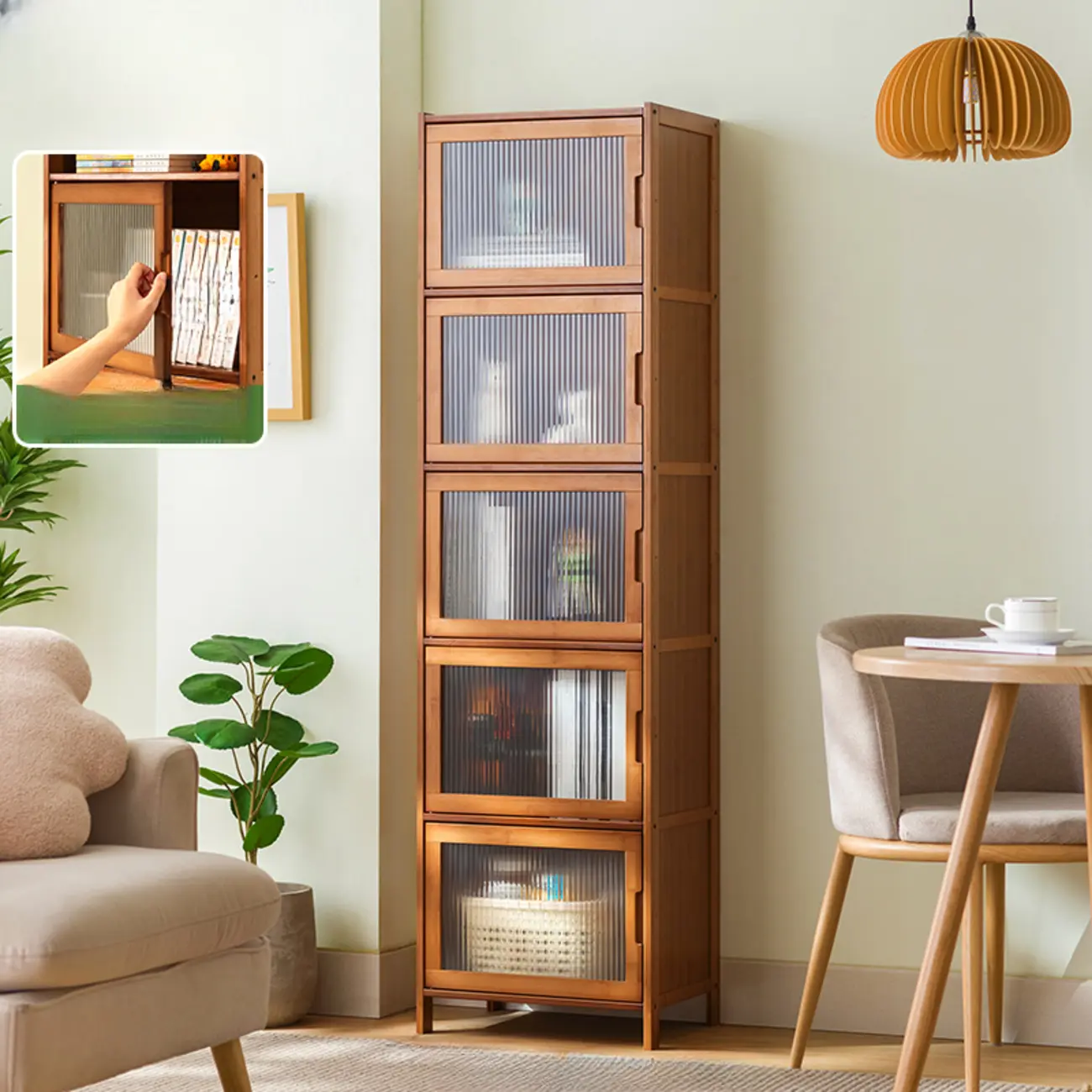 Wooden Bamboo Brown Storage Cabinets with Squared Legs Image - 10 | homeyfad