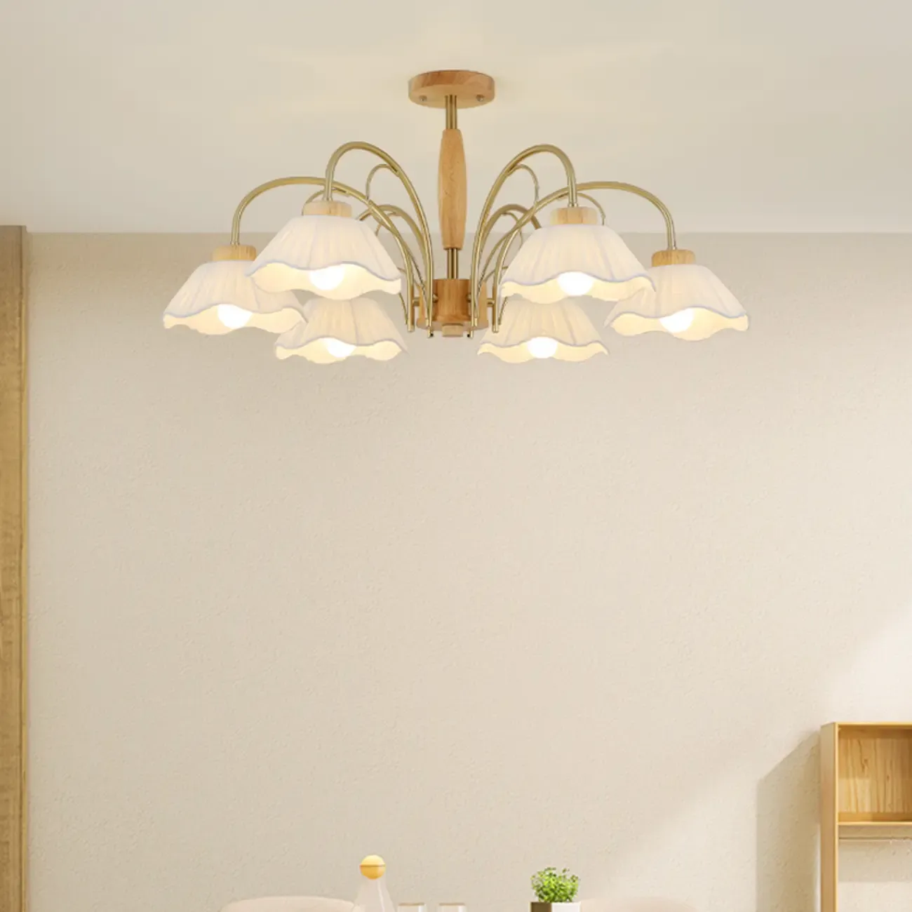 Floral Fabric Ceiling Light for Living Room in Natural Finish