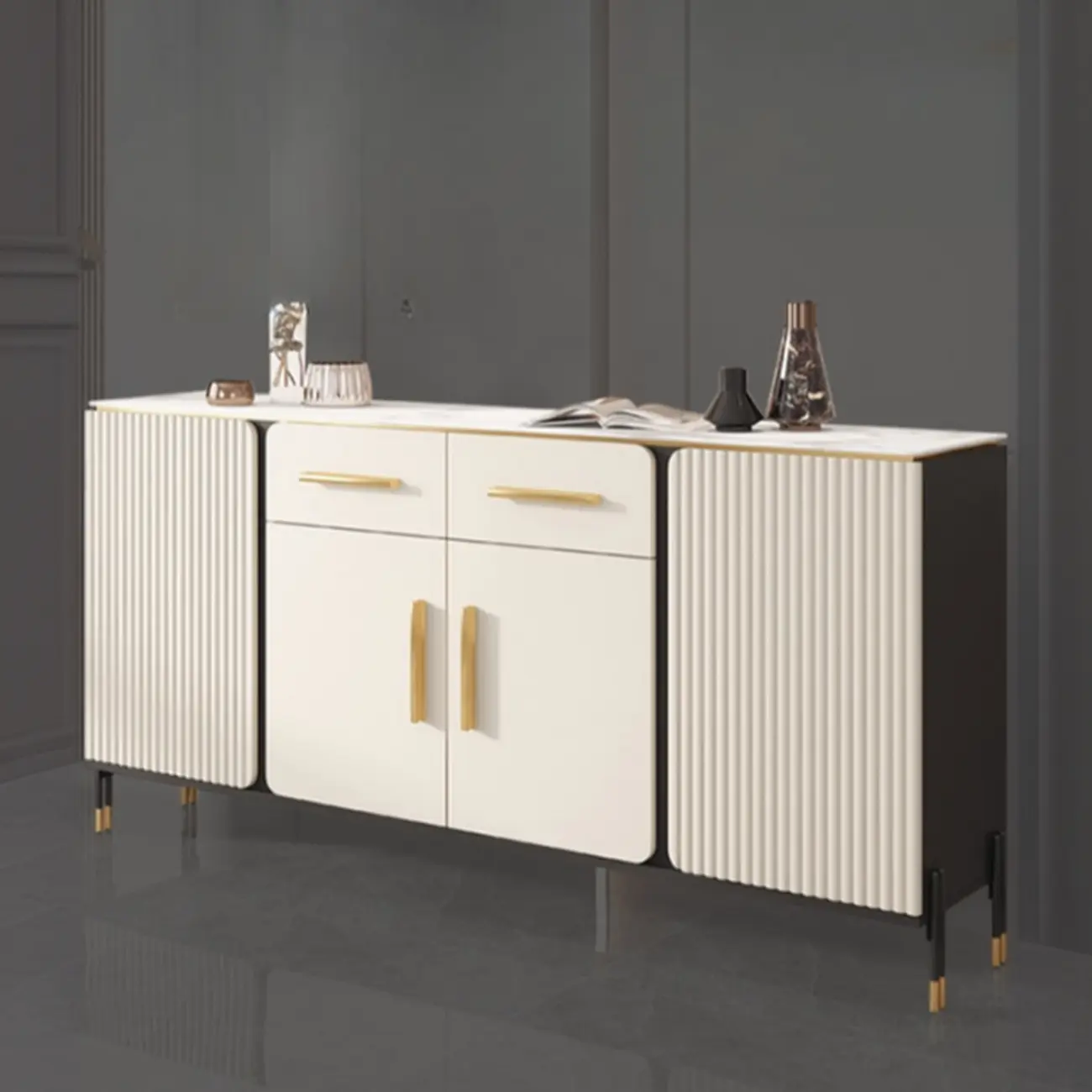 Glam White Sideboard with Stone Top and Drawers Image - 4 | homeyfad