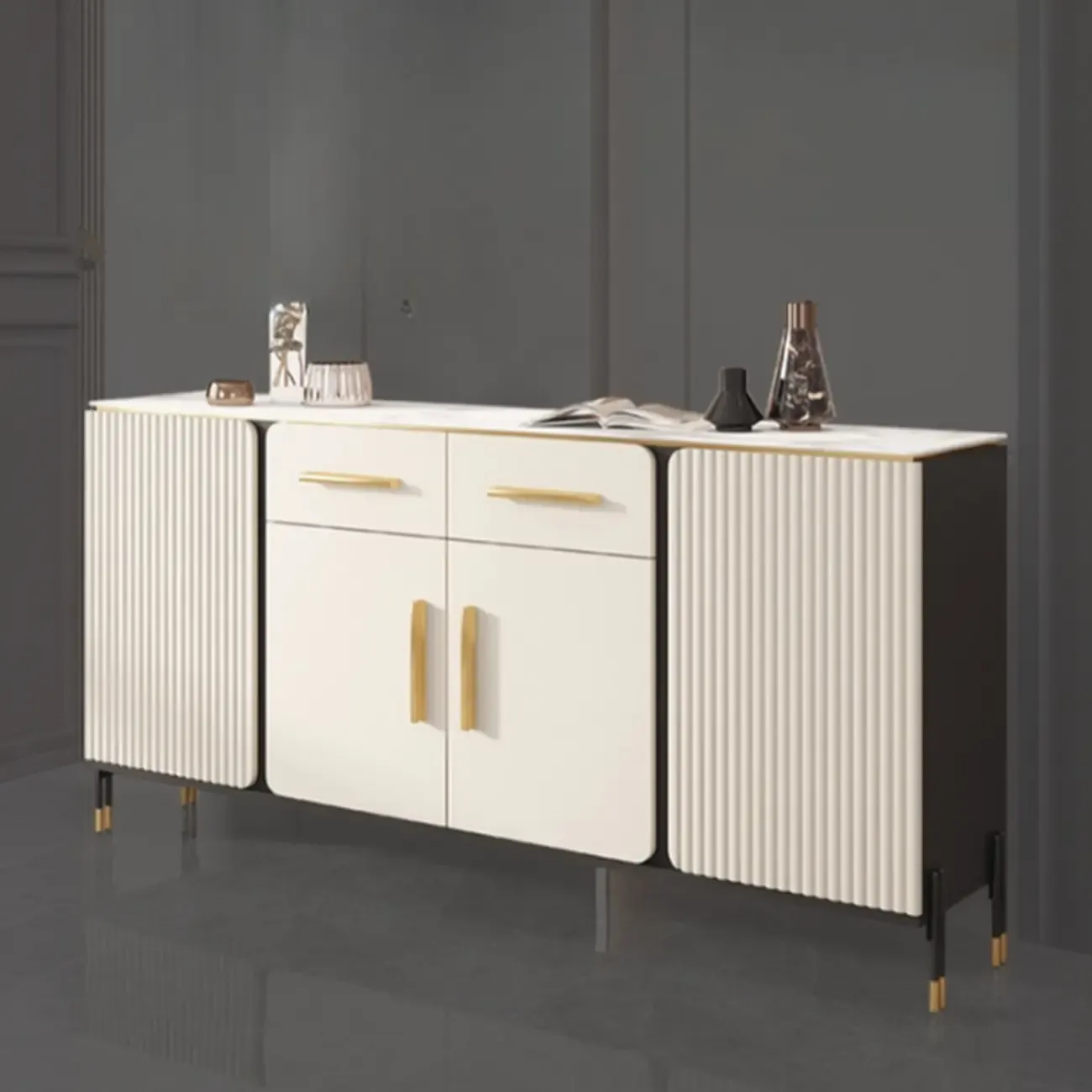 Glam White Sideboard with Stone Top and Drawers Image - 4