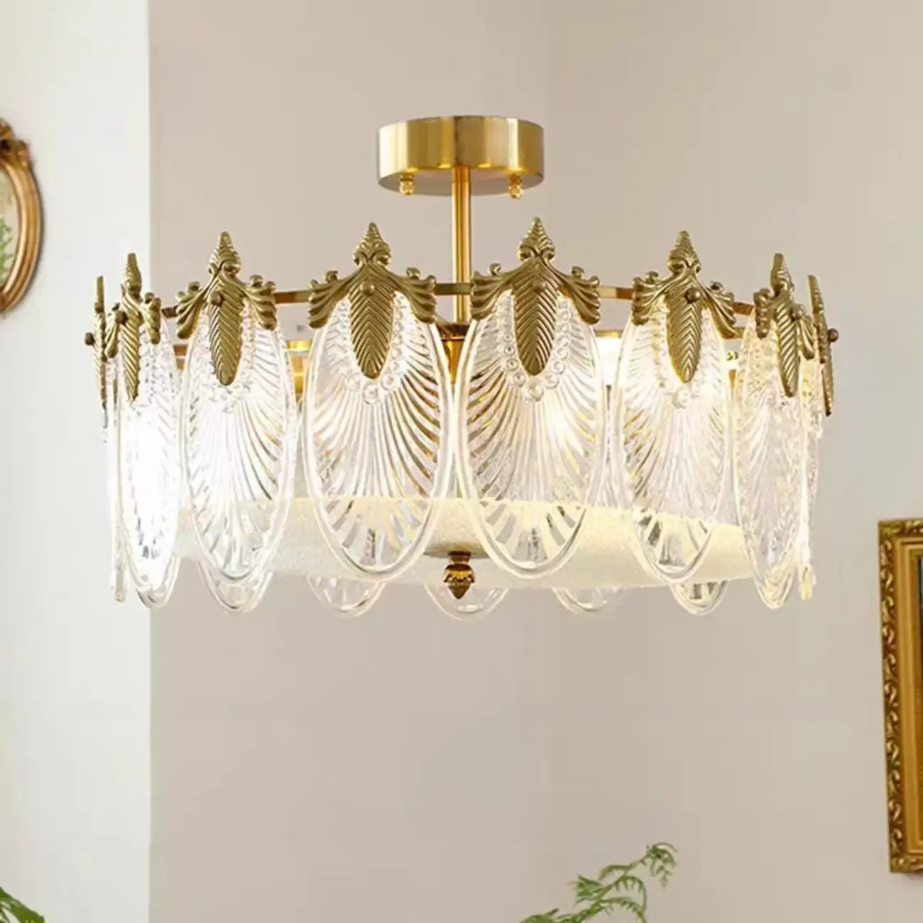 Vintage Glass Leaf Round Ceiling Light for Living Room Elegance