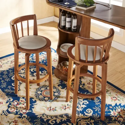 Mid-century Modern Wooden Upholstered Round Swivel Bar Stools Image - 1