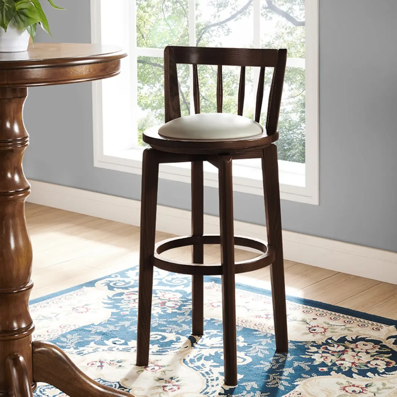 Mid-century Modern Wooden Upholstered Round Swivel Bar Stools Image - 2