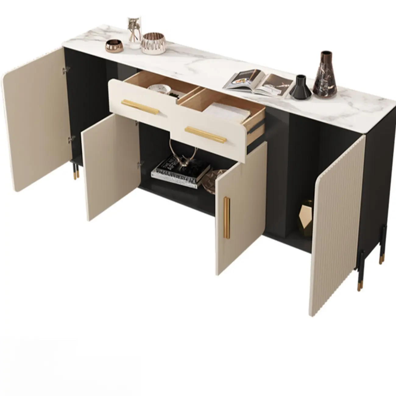 Glam White Sideboard with Stone Top and Drawers Image - 6 | homeyfad