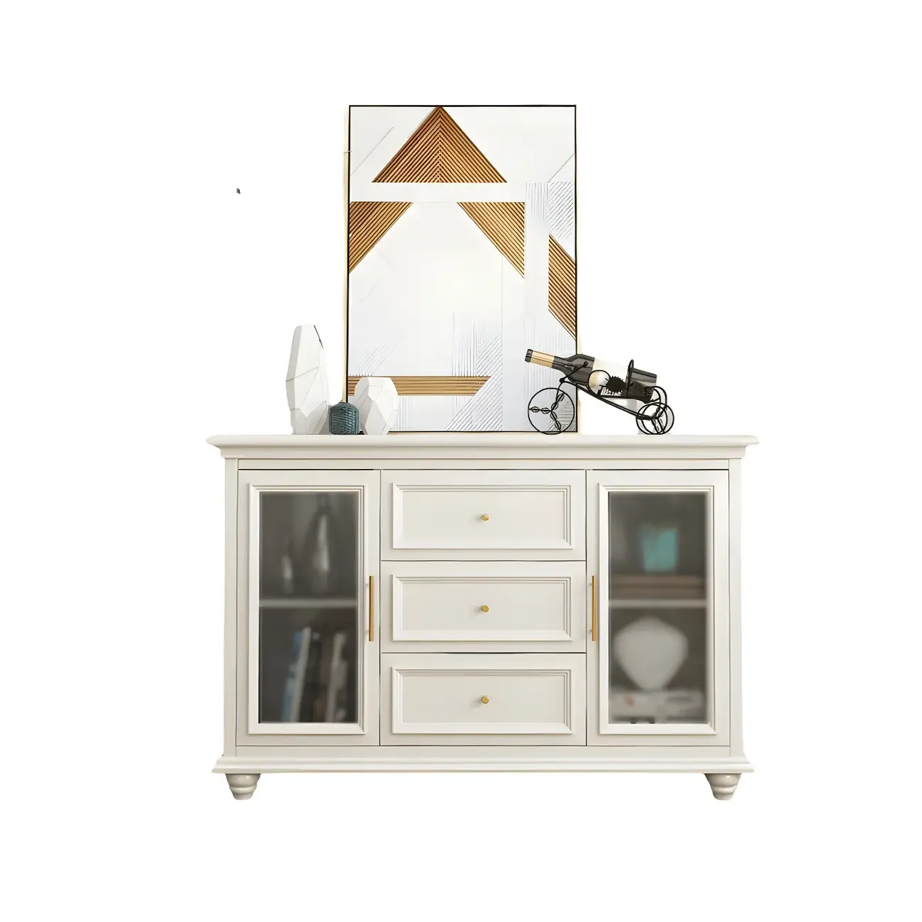 White Wooden Sideboard with 3 Drawers and Cabinets Image - 11