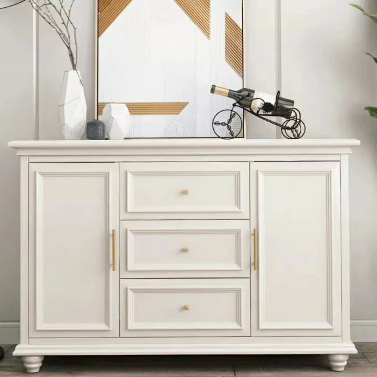 White Wooden Sideboard with 3 Drawers and Cabinets Image - 12 | homeyfad