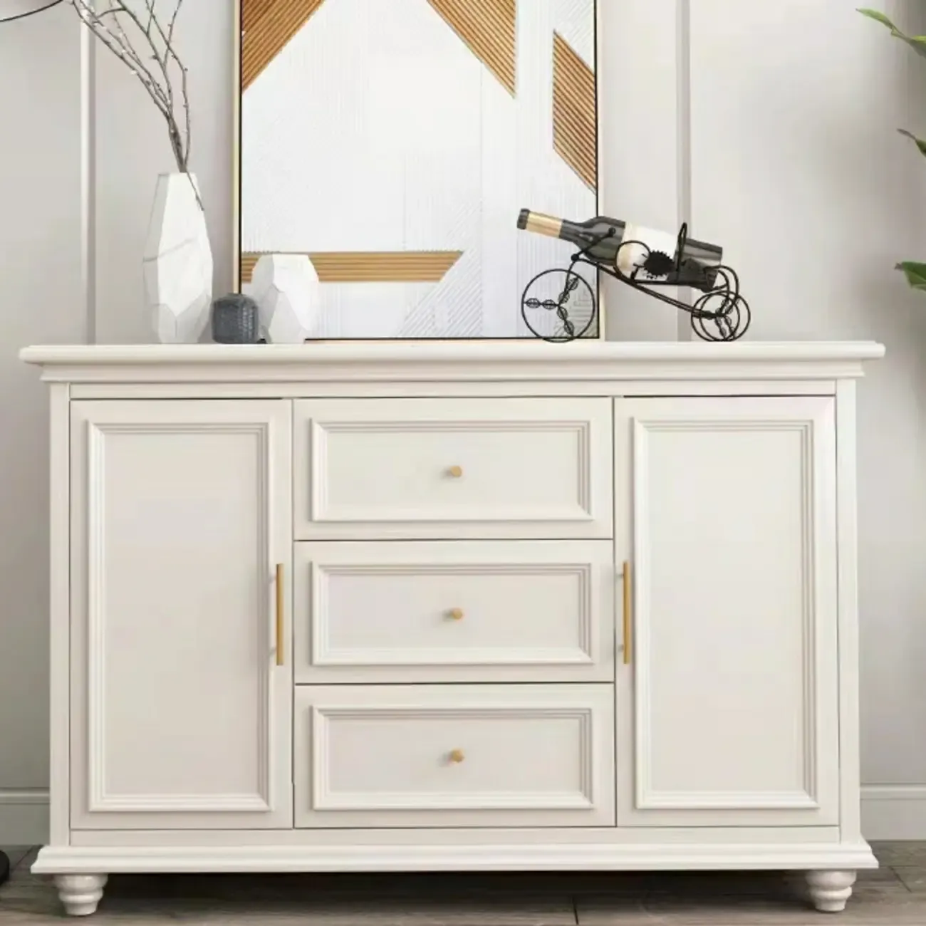 White Wooden Sideboard with 3 Drawers and Cabinets Image - 12
