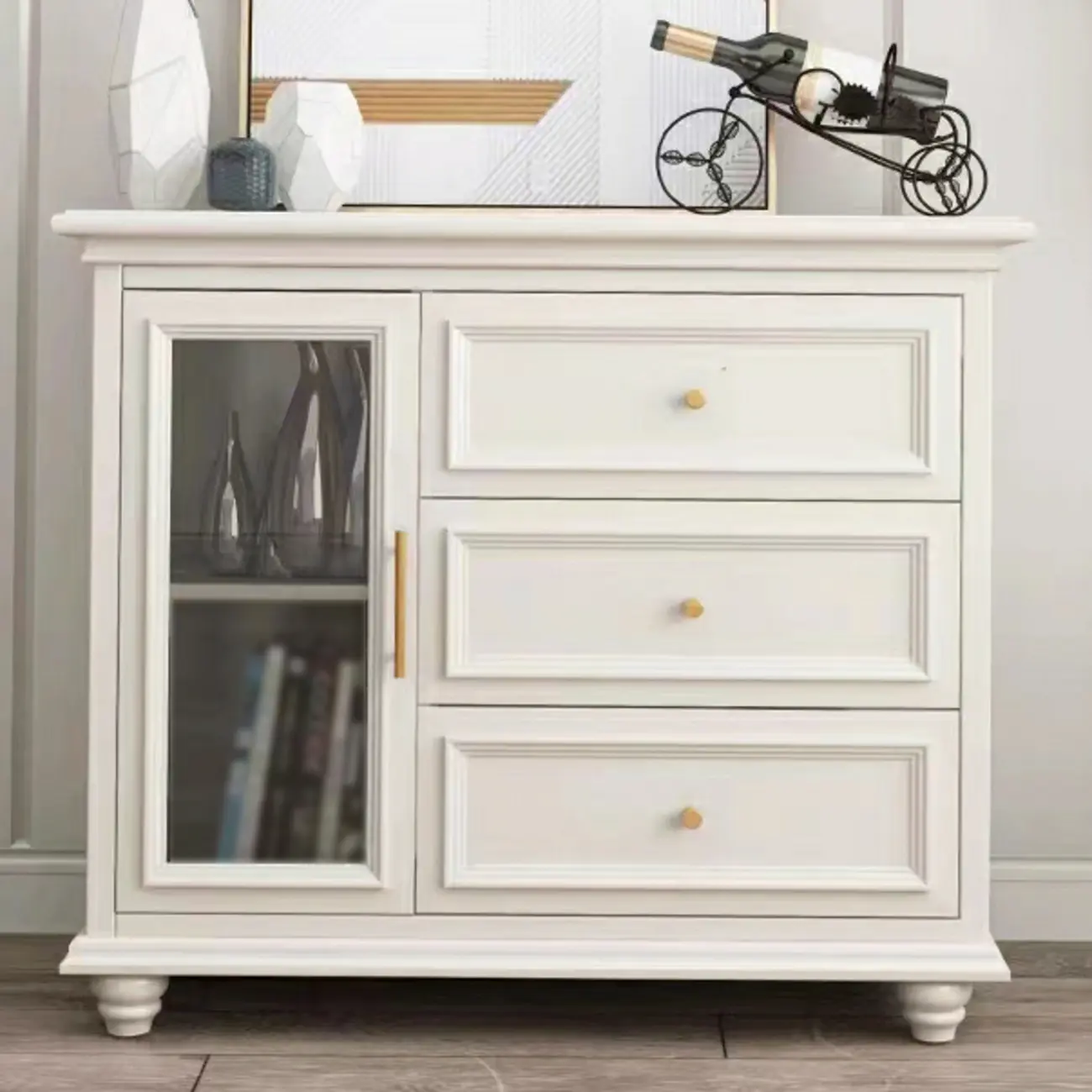 White Wooden Sideboard with 3 Drawers and Cabinets Image - 13 | homeyfad