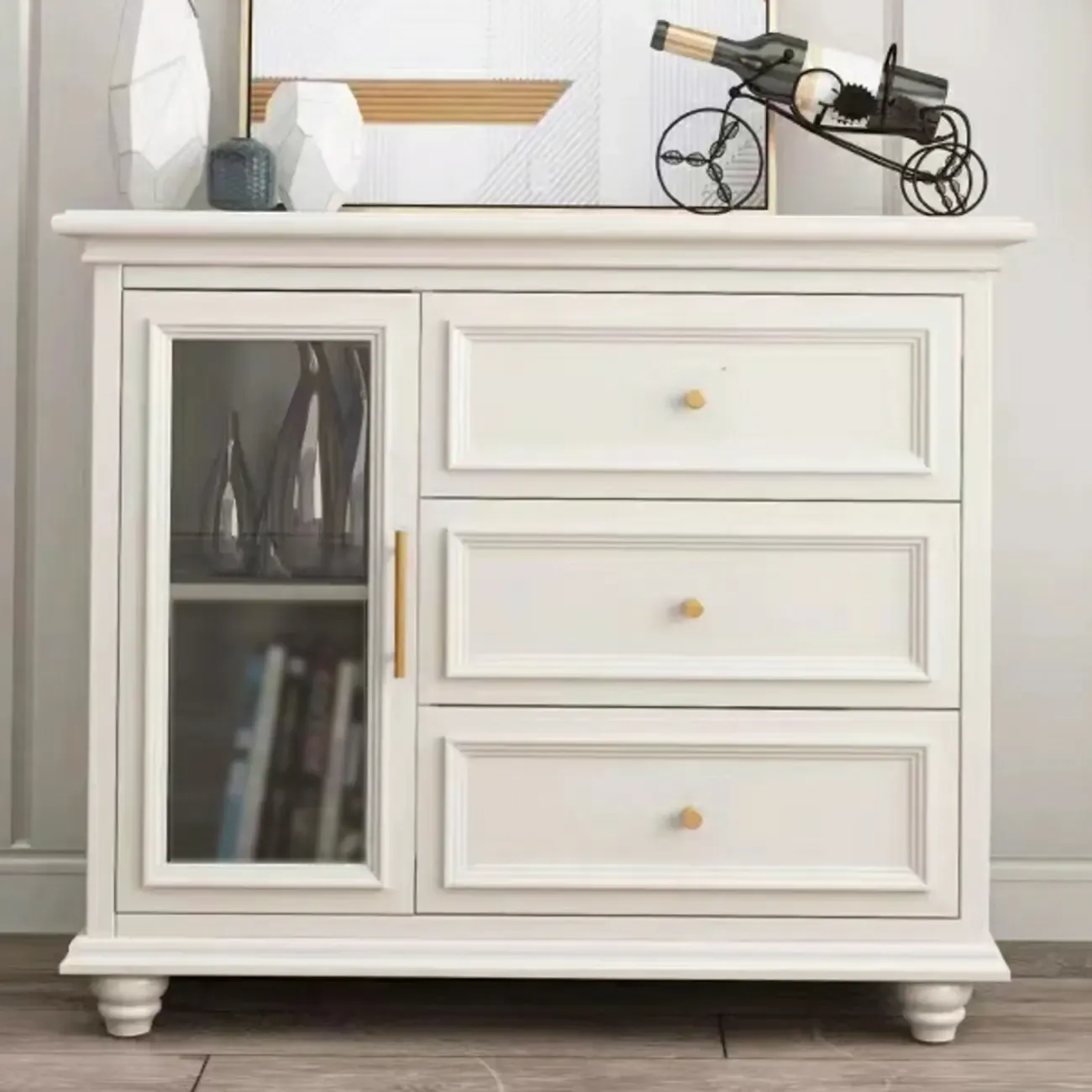 White Wooden Sideboard with 3 Drawers and Cabinets Image - 13