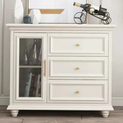 White Wooden Sideboard with 3 Drawers and Cabinets Image - 13