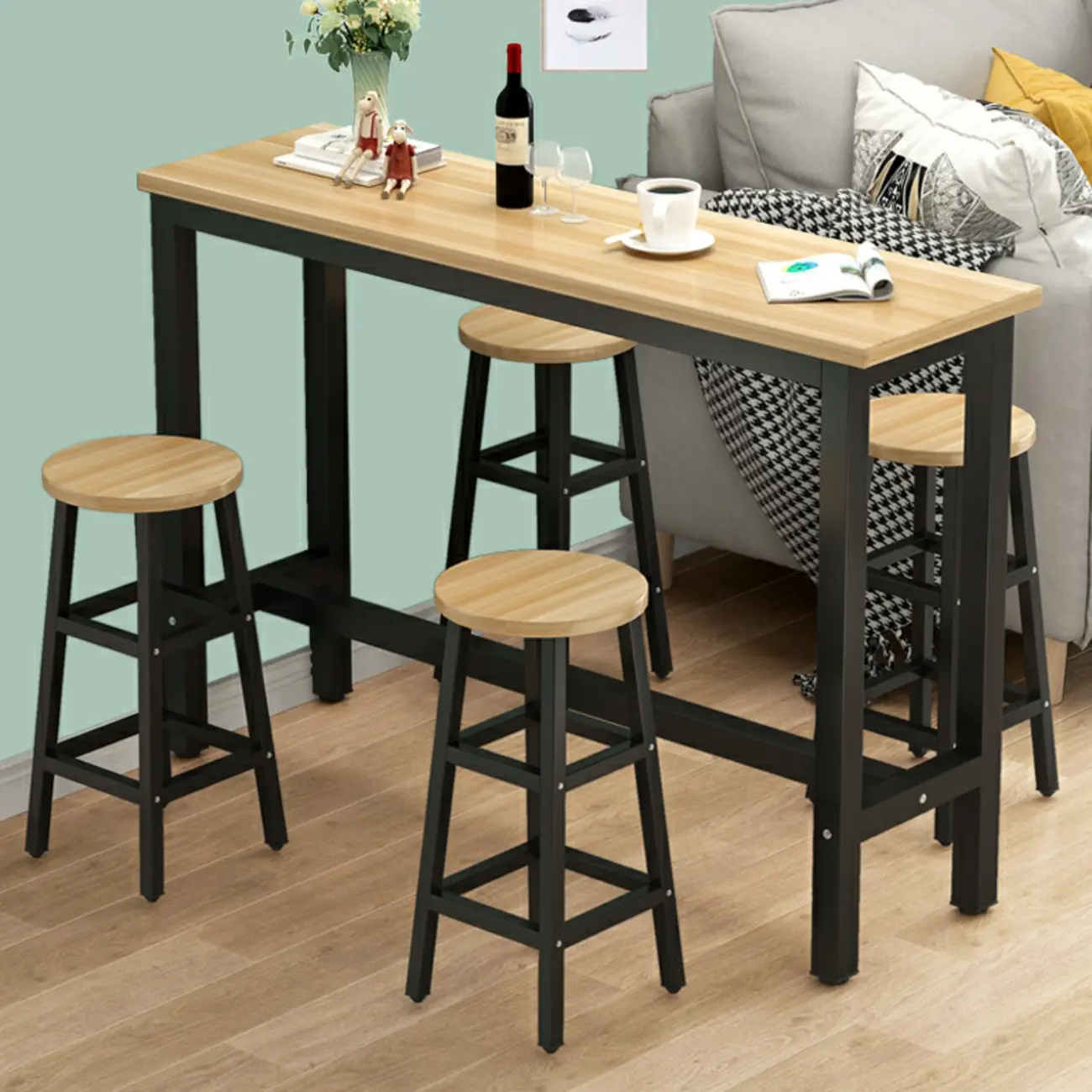 Elegant Long Bar Trestle Table Set with Footrest Chairs Image - 1 | homeyfad