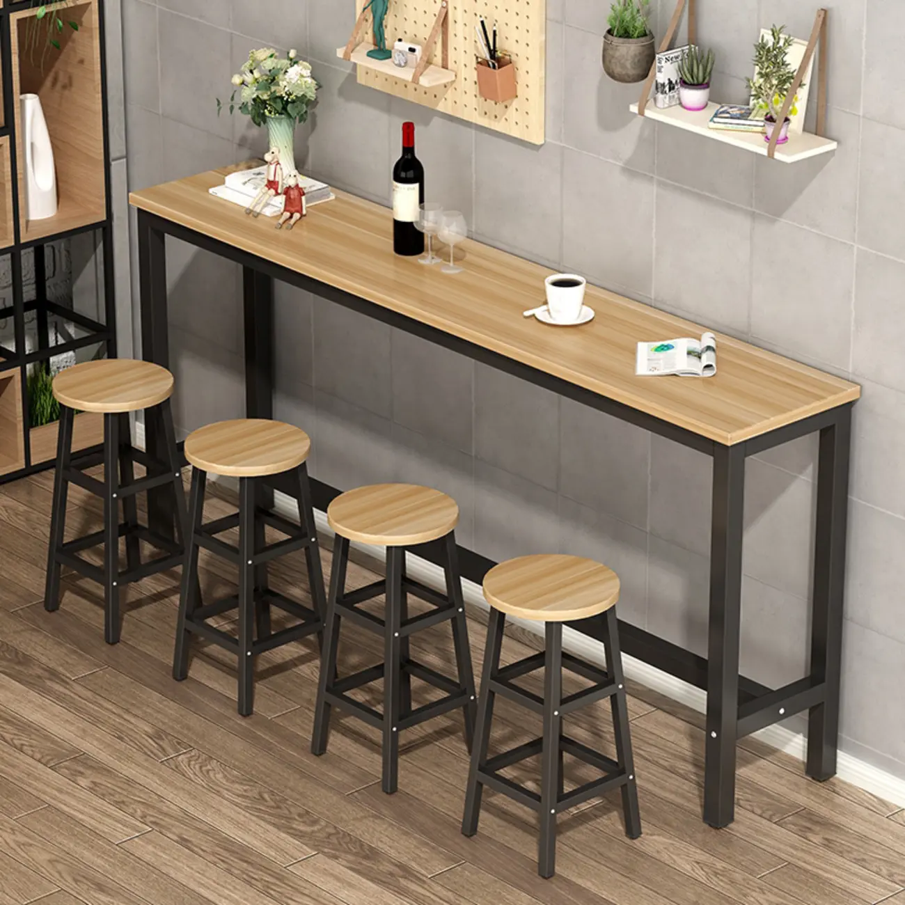 Elegant Long Bar Trestle Table Set with Footrest Chairs Image - 2 | homeyfad