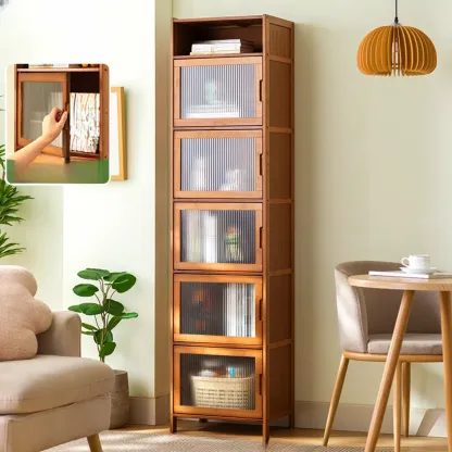 Wooden Bamboo Brown Storage Cabinets with Squared Legs Image - 18