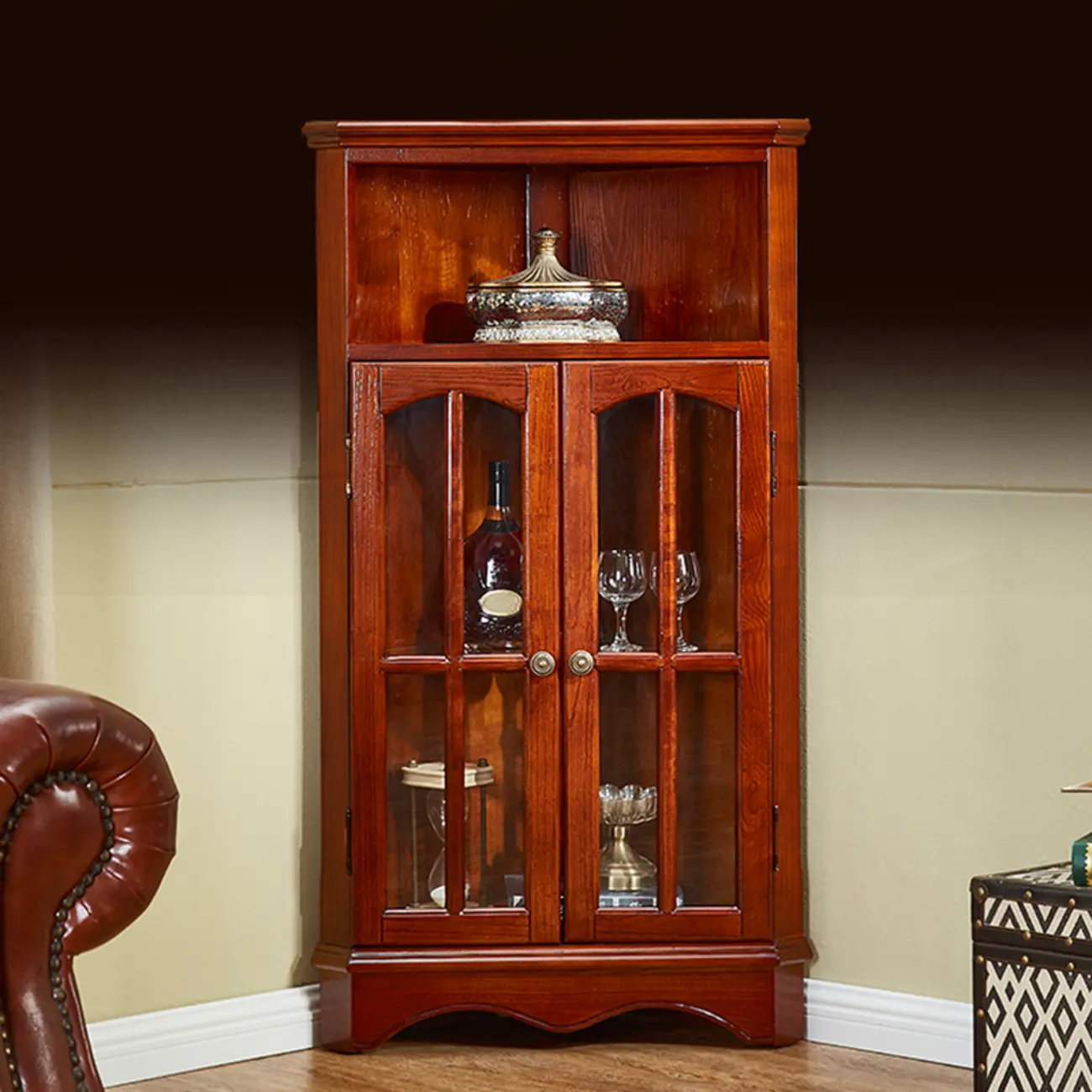 Classic Storage Corner Cabinet with Glass Doors & Shelf Image - 1 | homeyfad