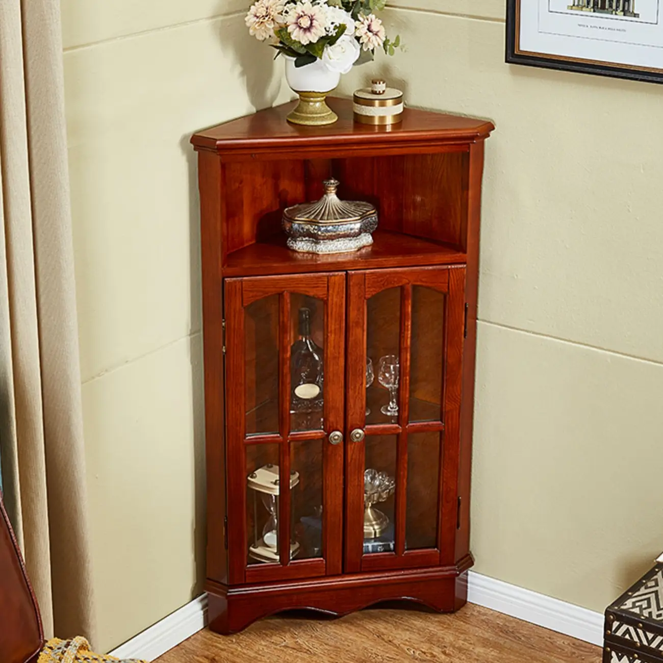 Classic Storage Corner Cabinet with Glass Doors & Shelf Image - 2 | homeyfad