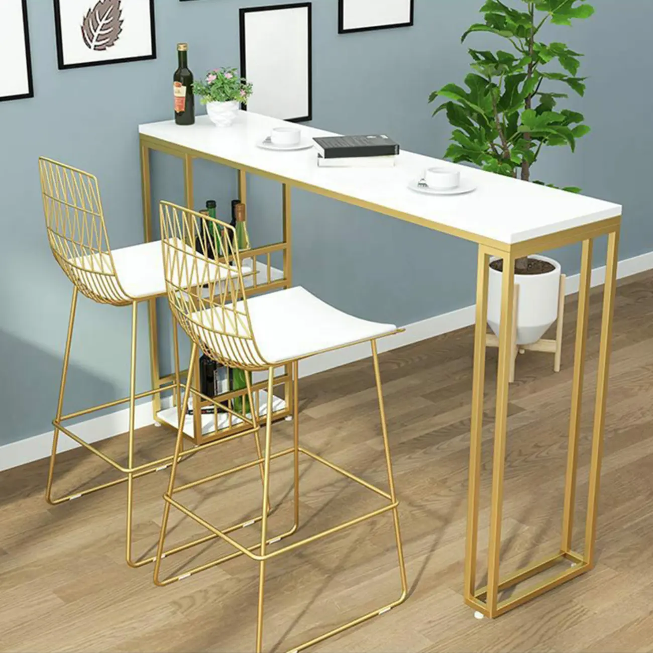 Glam Faux Marble Bar Table with Gold Frame and Storage Image - 1 | homeyfad