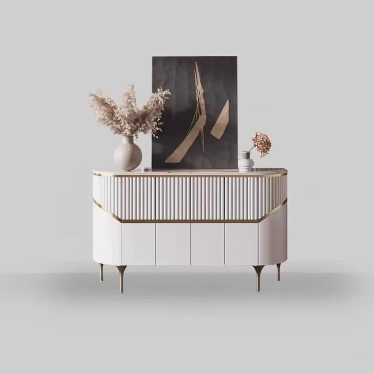 Modern White/Black Buffet Table with Cabinets Image - 3