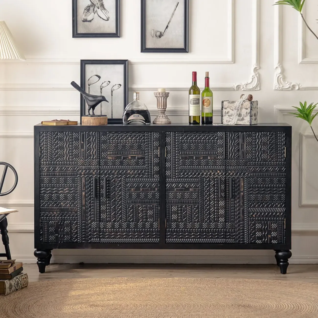 Mid-Century Wood Carved Cabinet for Living Room Decor Image - 1