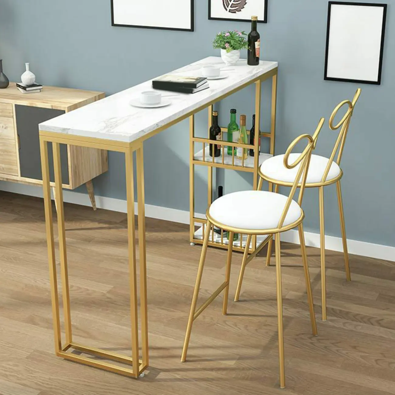 Glam Faux Marble Bar Table with Gold Frame and Storage Image - 2 | homeyfad