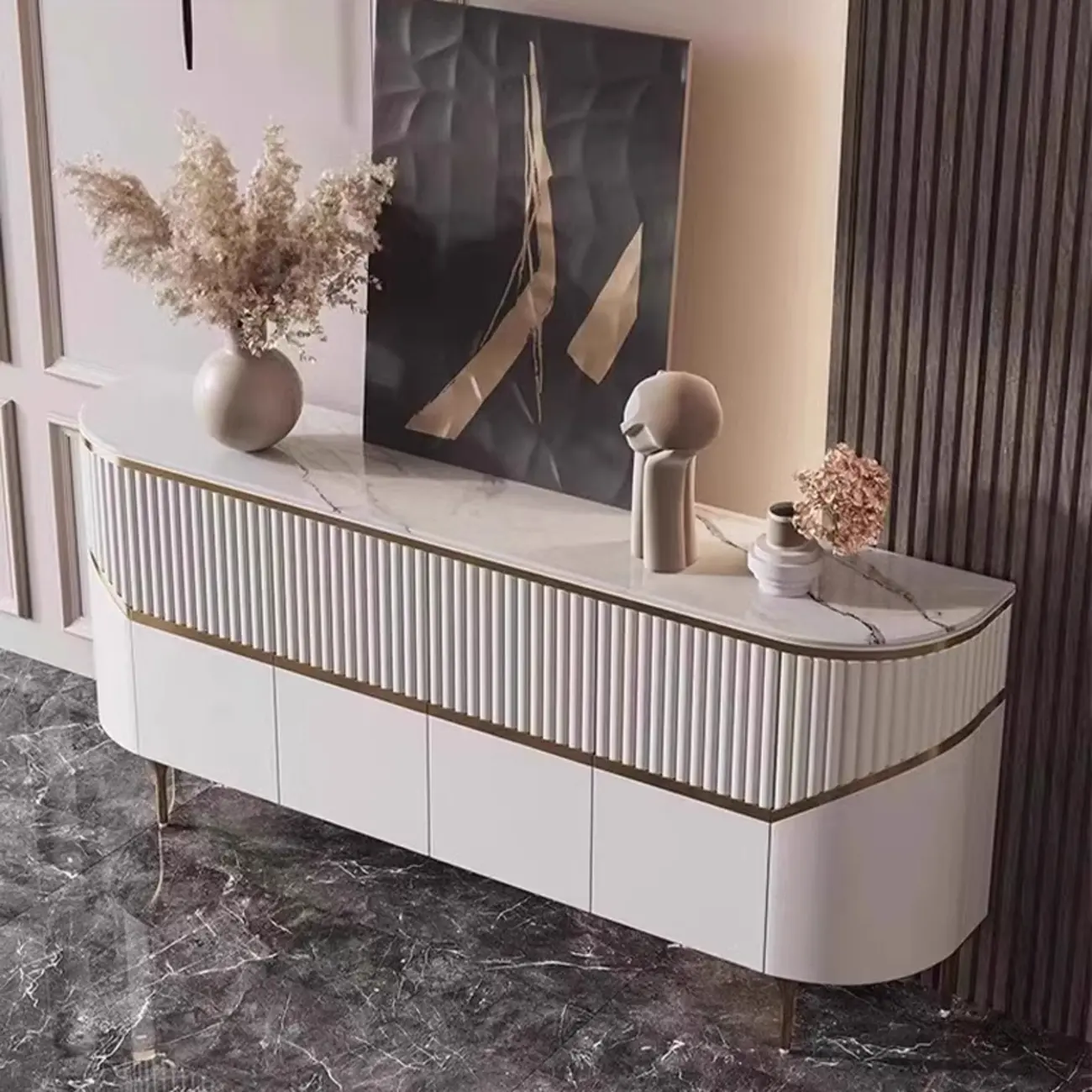 Modern White/Black Buffet Table with Cabinets Image - 4 | homeyfad