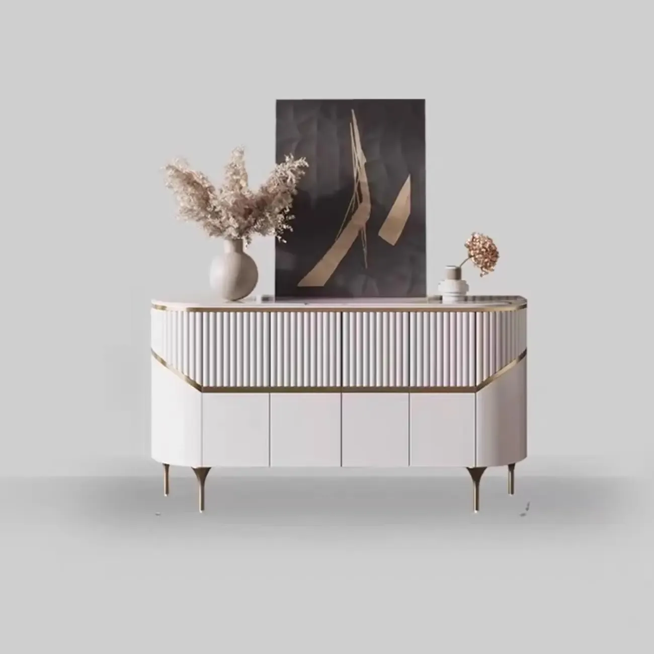 Modern White/Black Buffet Table with Cabinets Image - 5