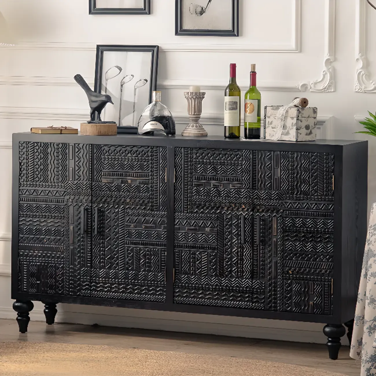 Mid-Century Wood Carved Cabinet for Living Room Decor Image - 2