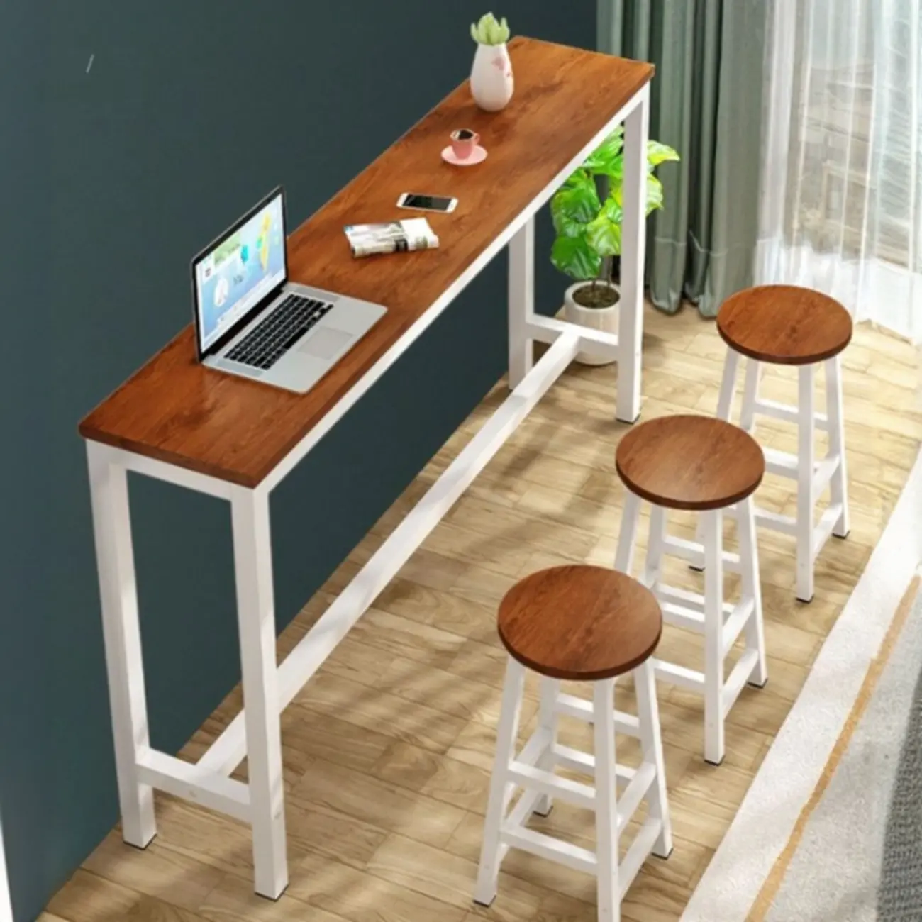 Modern Long Bar Table Set with Backless Stools for Home Image - 1 | homeyfad