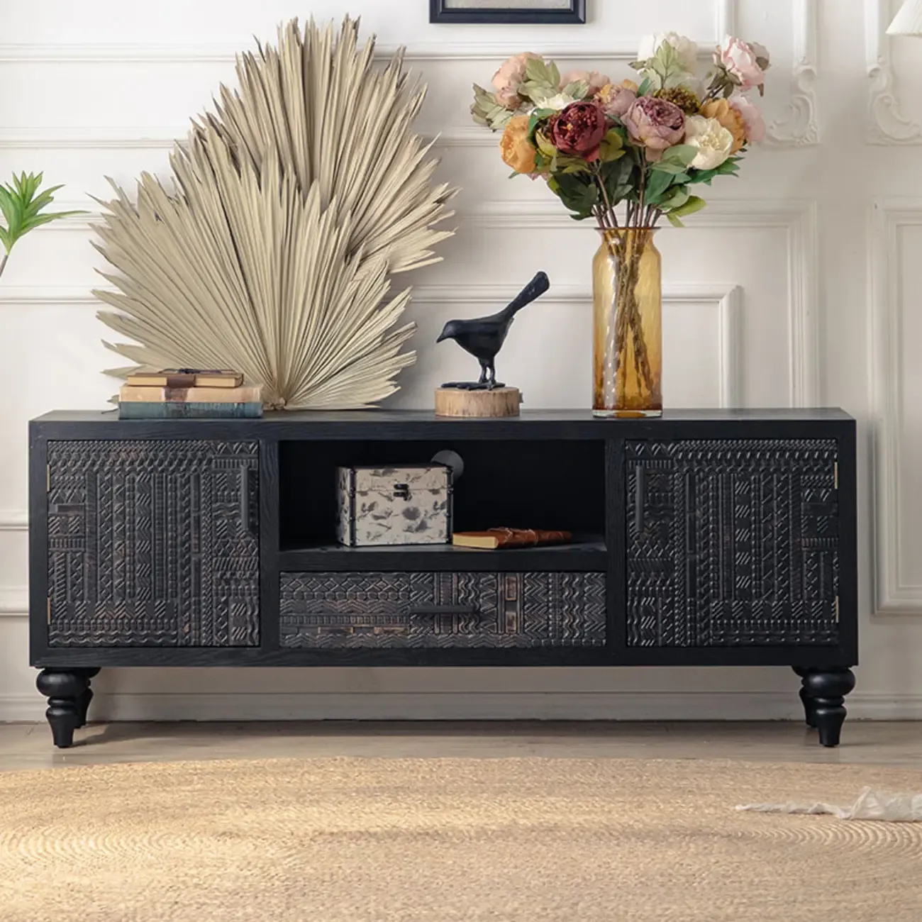 Mid-Century Wood Carved Cabinet for Living Room Decor Image - 3