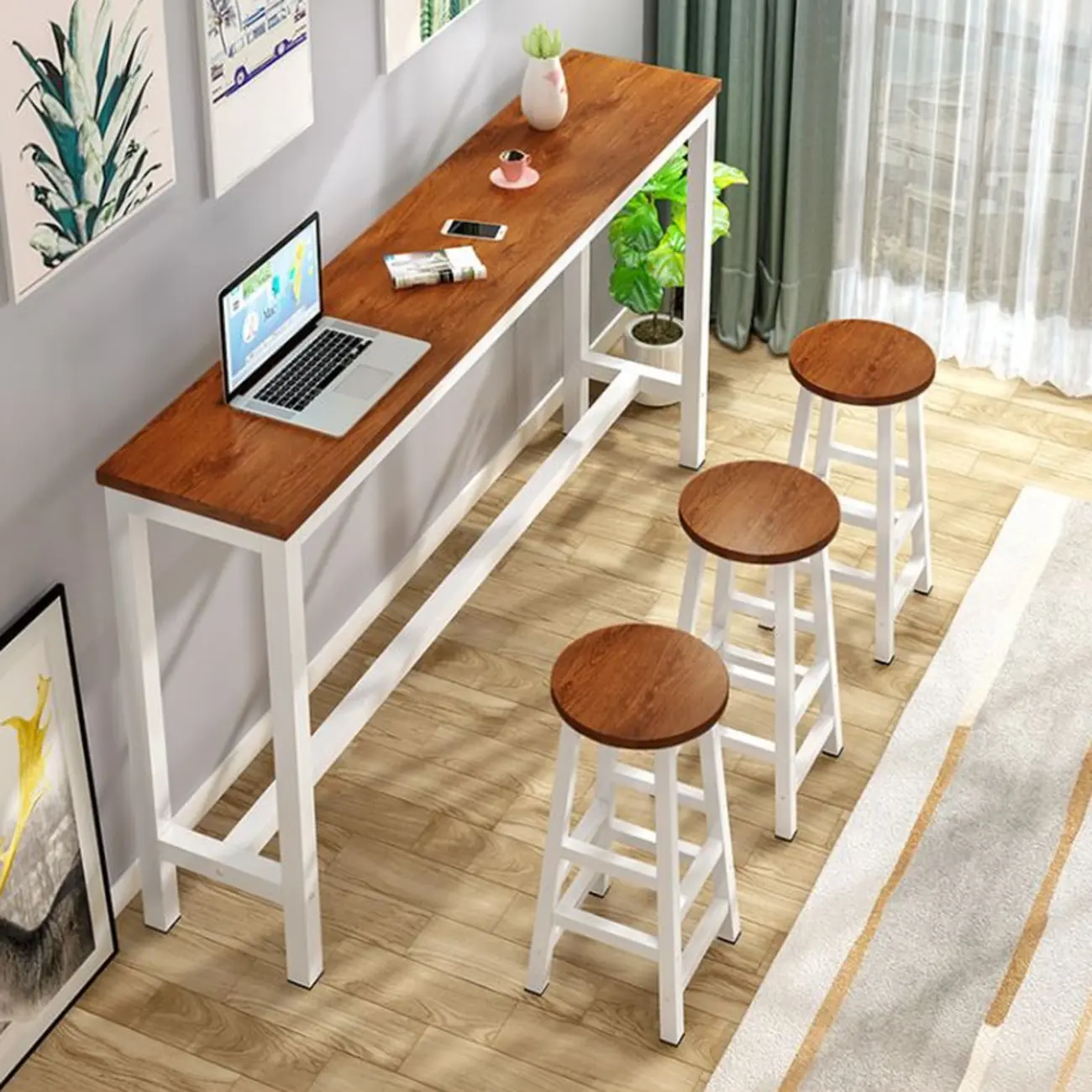 Modern Long Bar Table Set with Backless Stools for Home Image - 2 | homeyfad