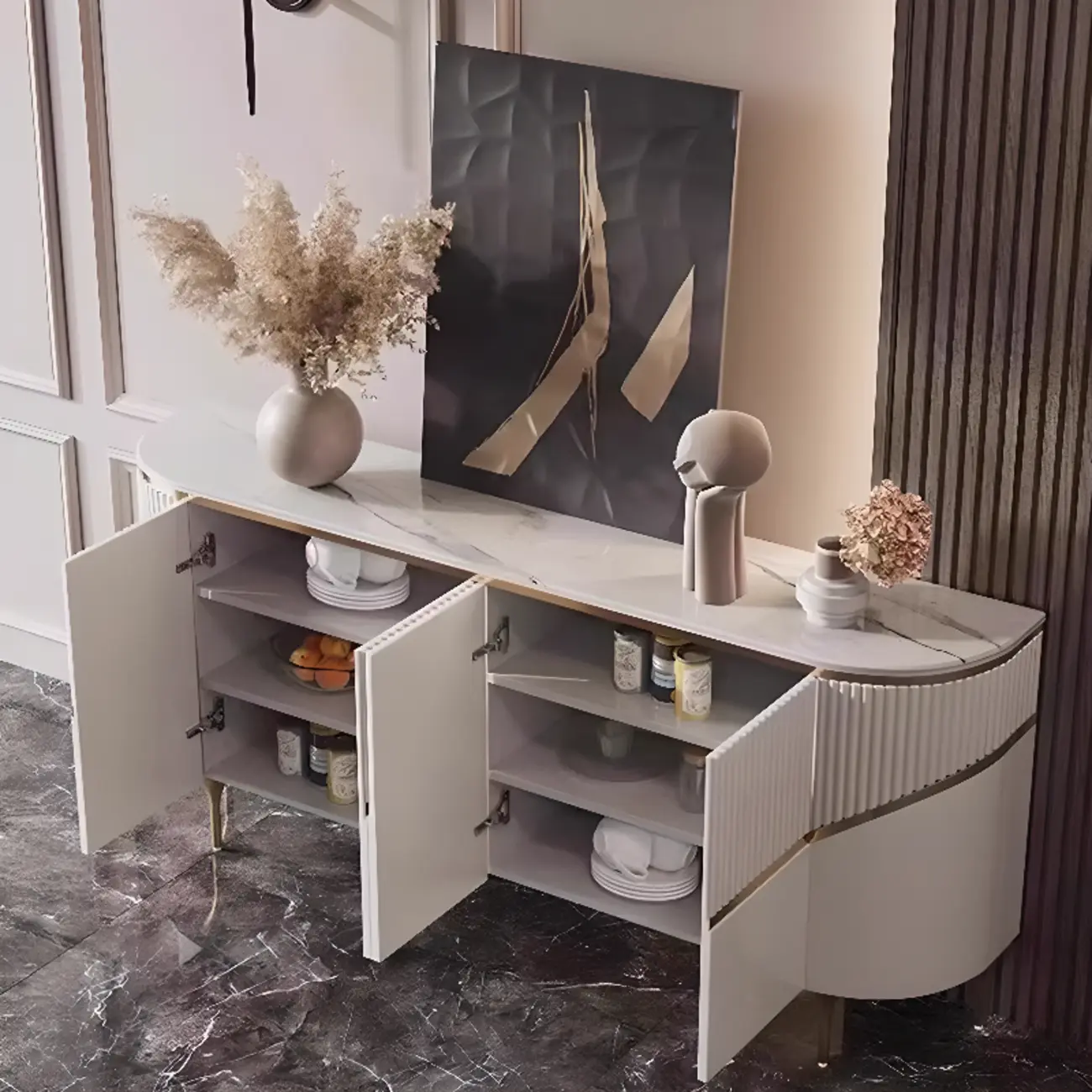 Modern White/Black Buffet Table with Cabinets Image - 7 | homeyfad