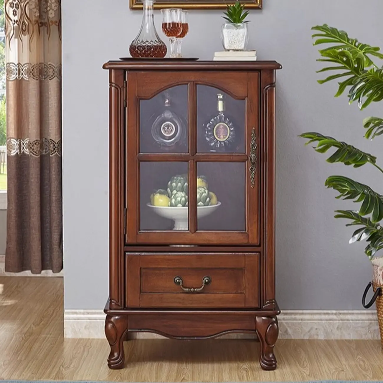 Rustic Wooden Interior Cabinet with Glass Display & Drawer Image - 1 | homeyfad