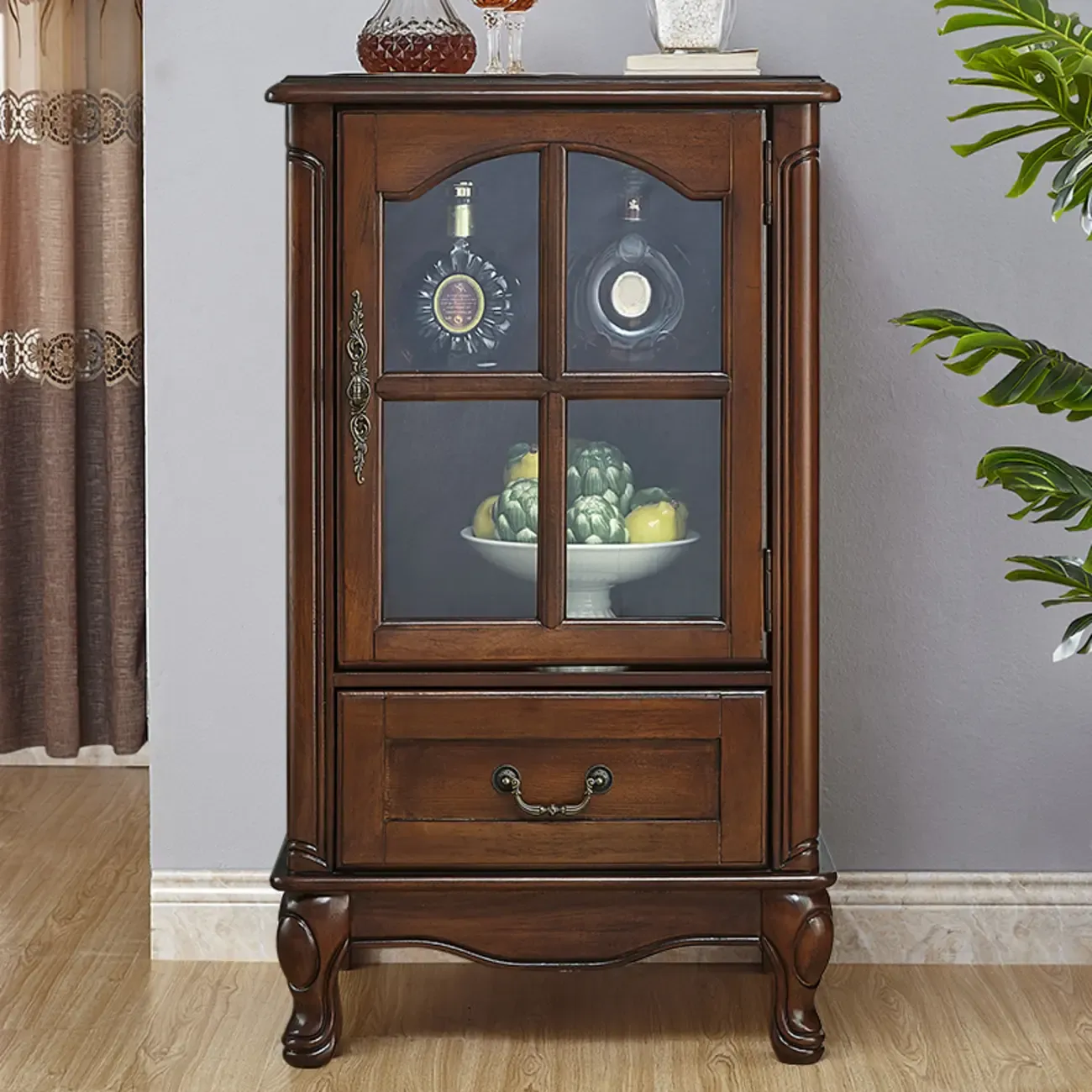 Rustic Wooden Interior Cabinet with Glass Display & Drawer Image - 2