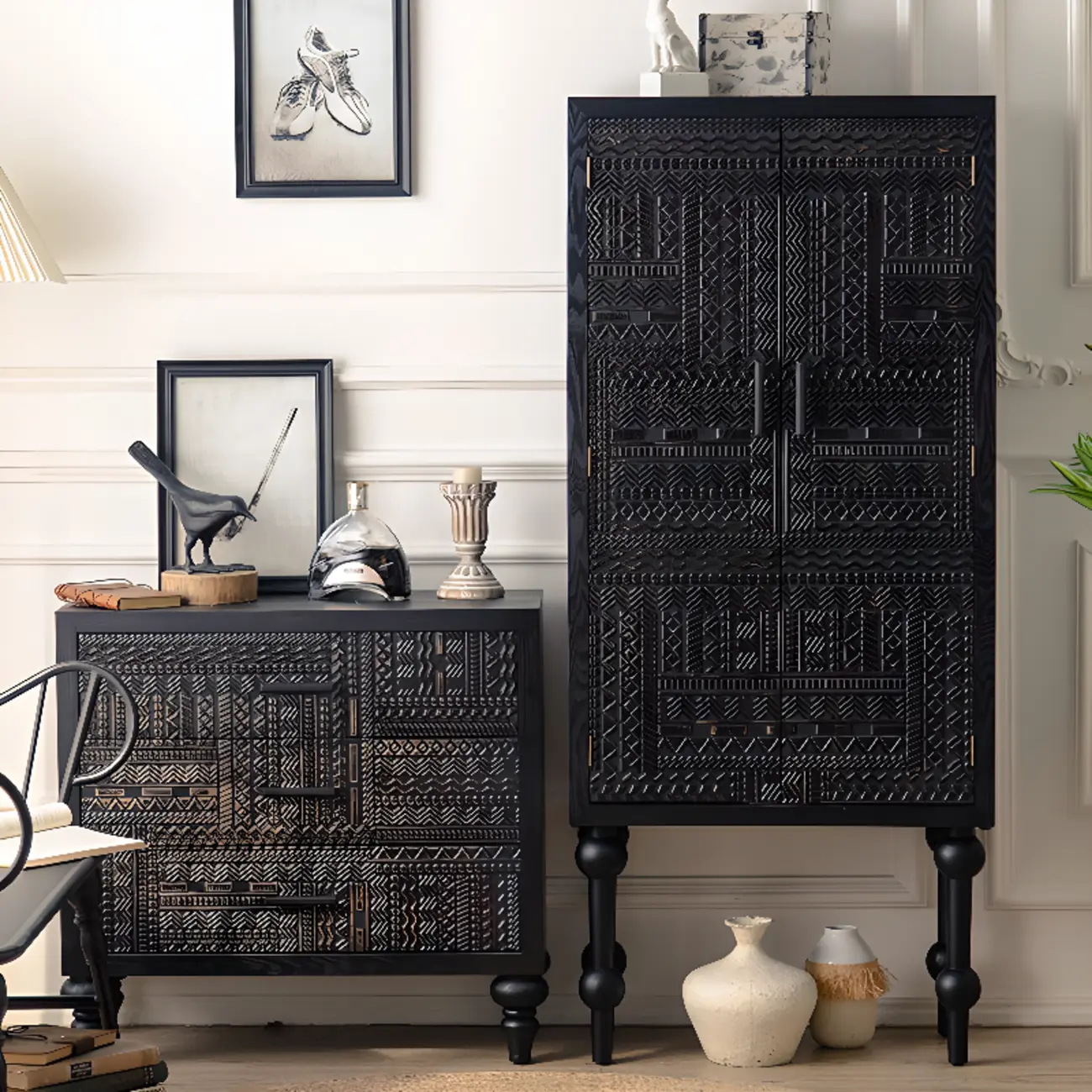 Mid-Century Wood Carved Cabinet for Living Room Decor Image - 6 | homeyfad