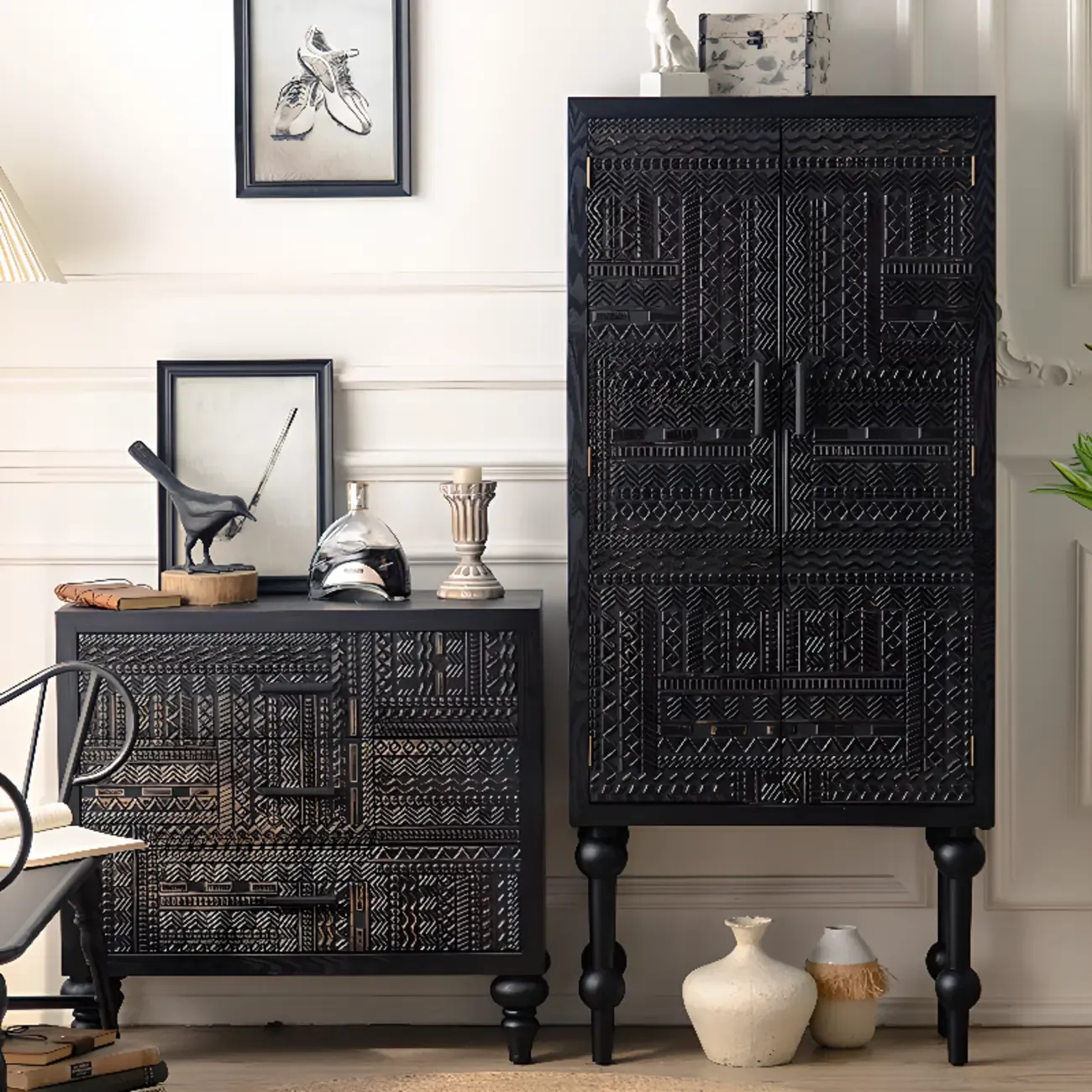 Mid-Century Wood Carved Cabinet for Living Room Decor Image - 6