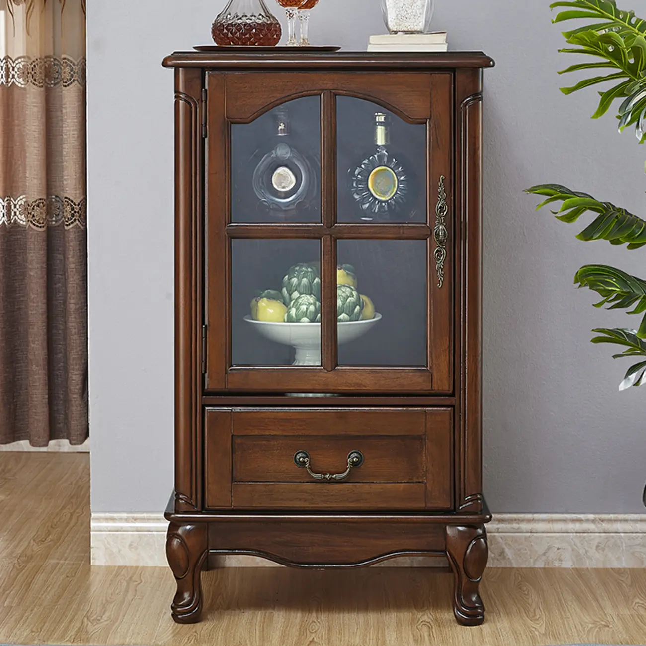 Rustic Wooden Interior Cabinet with Glass Display & Drawer Image - 3 | homeyfad