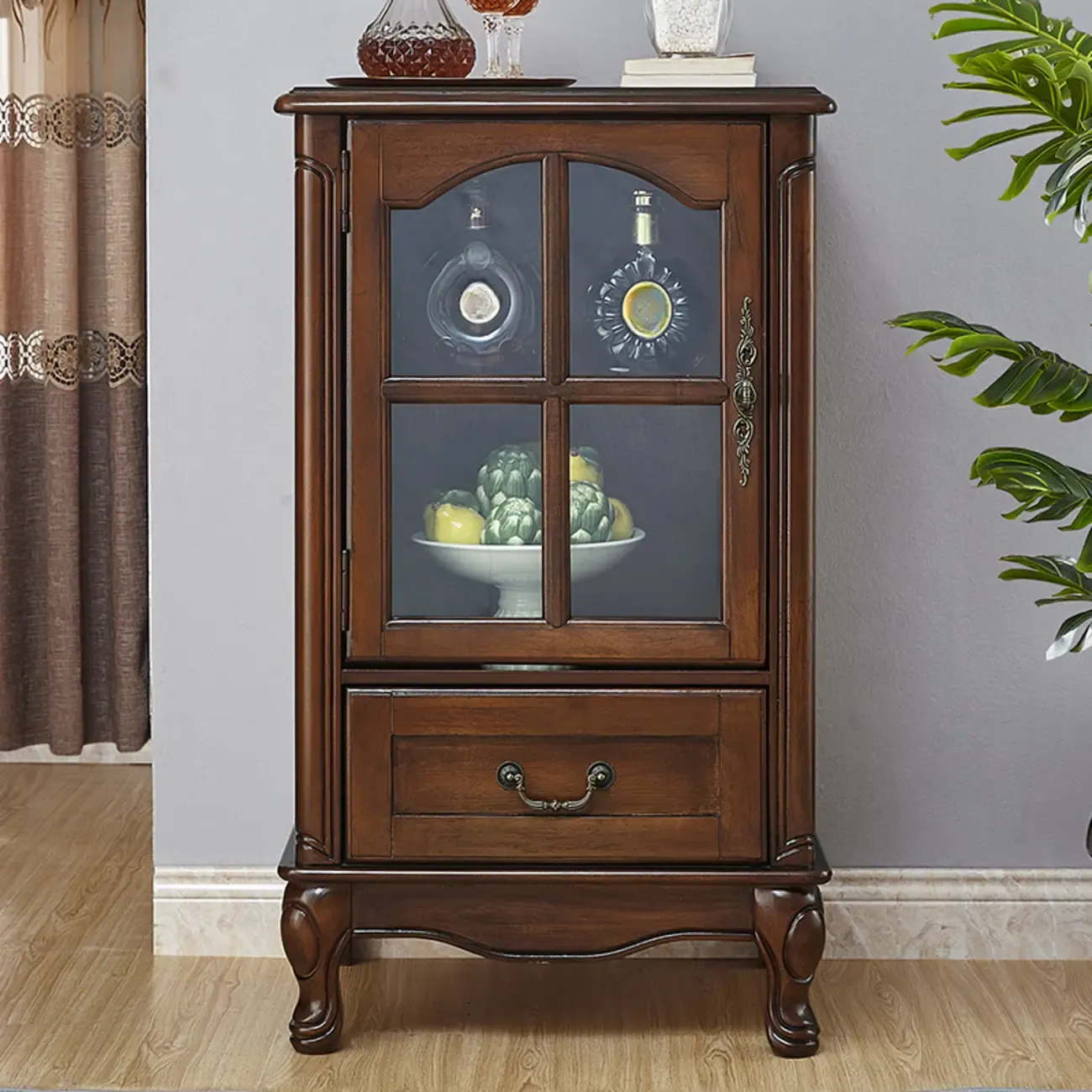 Rustic Wooden Interior Cabinet with Glass Display & Drawer Image - 3