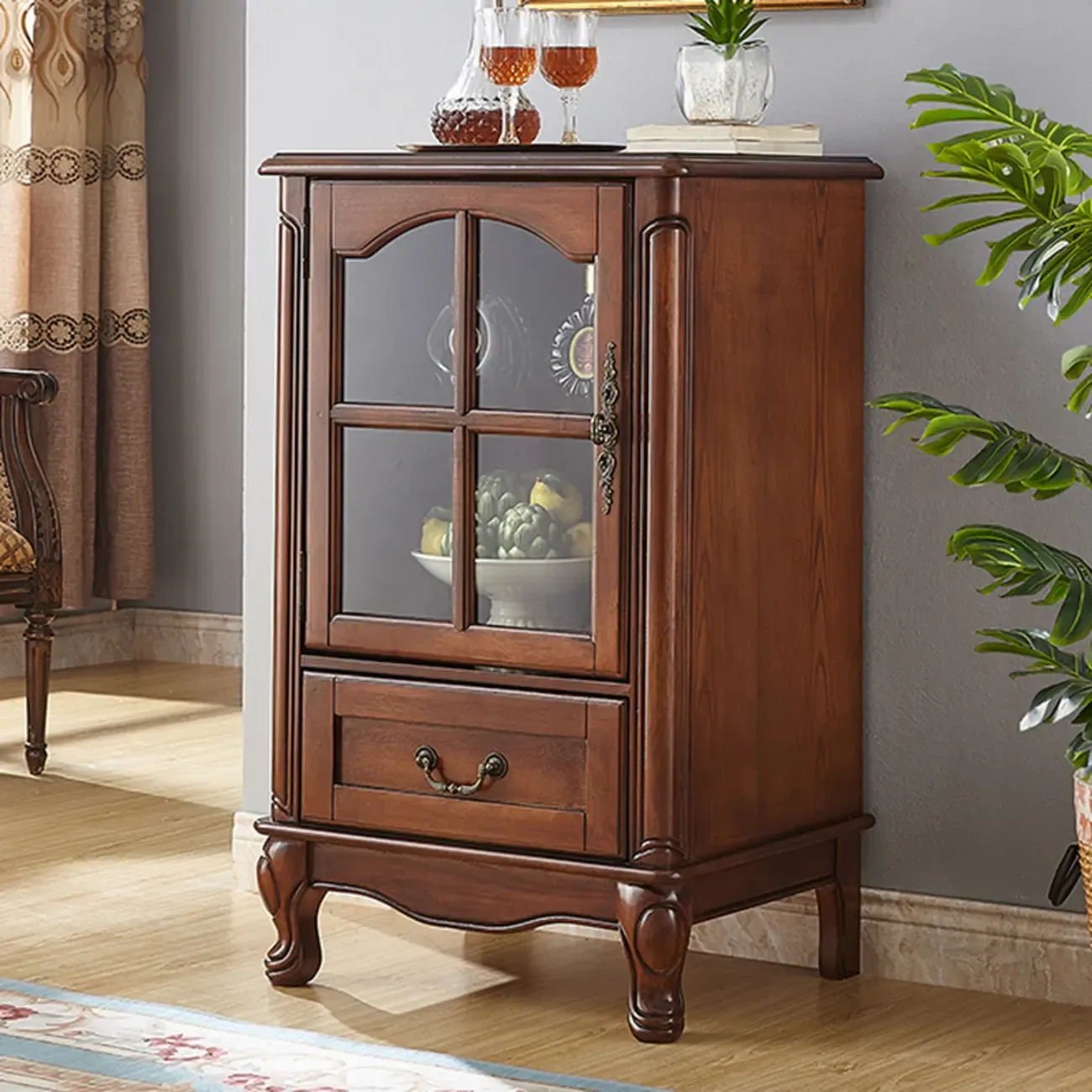 Rustic Wooden Interior Cabinet with Glass Display & Drawer Image - 4