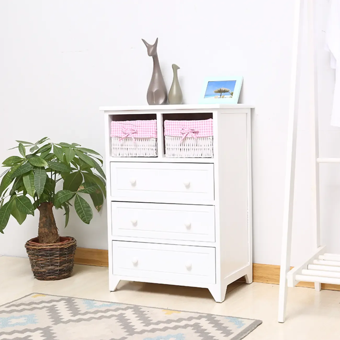 Modern Small Accent Cabinet with Drawers & Exterior Shelf Image - 13